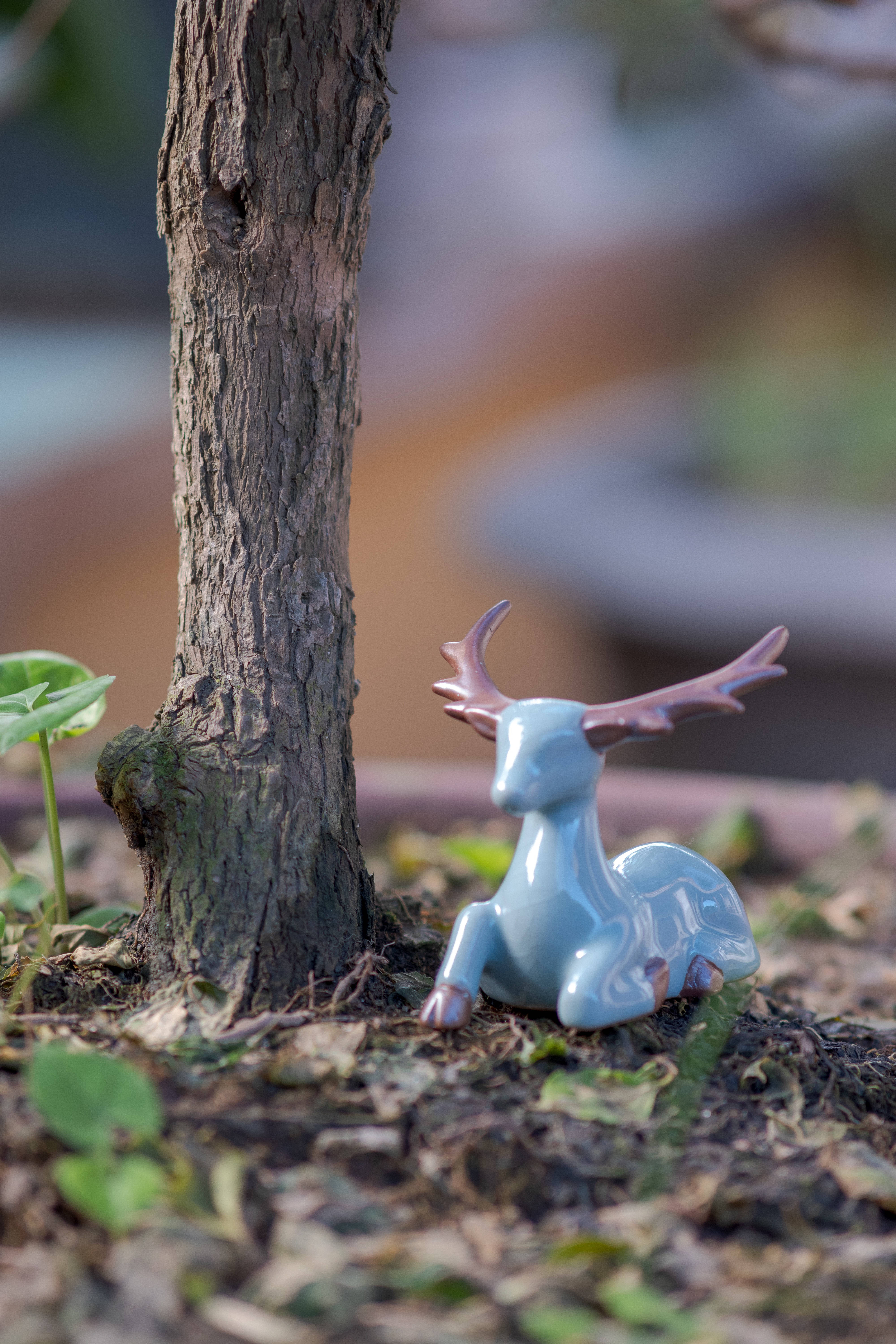 cute blue deer statue, light blue ceramic deer figurine, copper antlers, 5K Phone Wallpaper