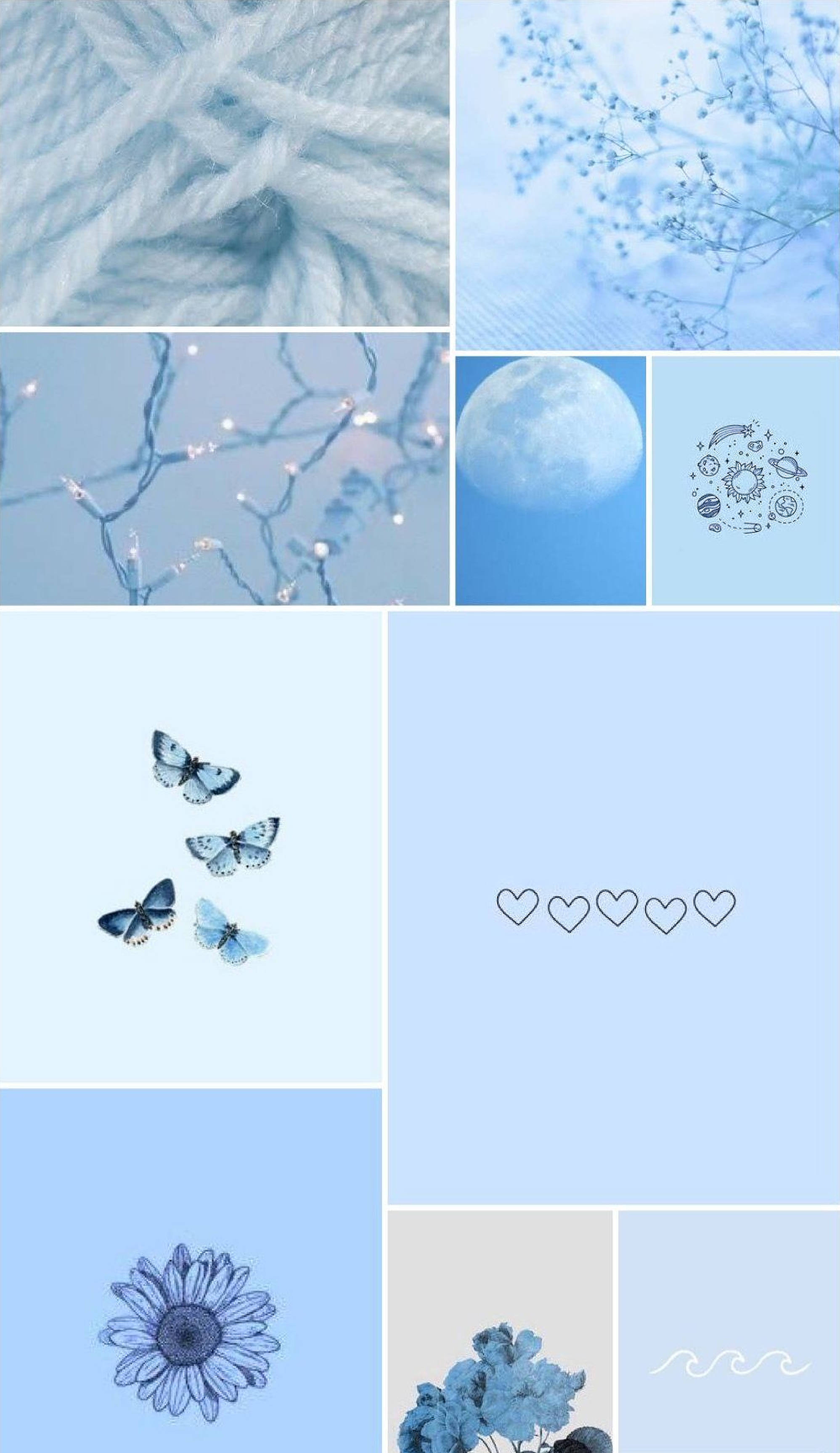 cute blue phone aesthetic, blue-toned collage, yarn butterflies, 2K Phone Wallpaper