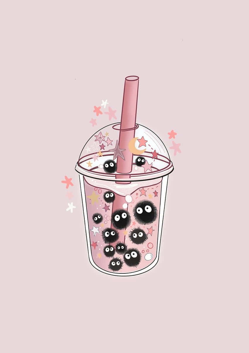 cute boba tea, pink sparkling stars, black Totoro characters, SD Phone Wallpaper