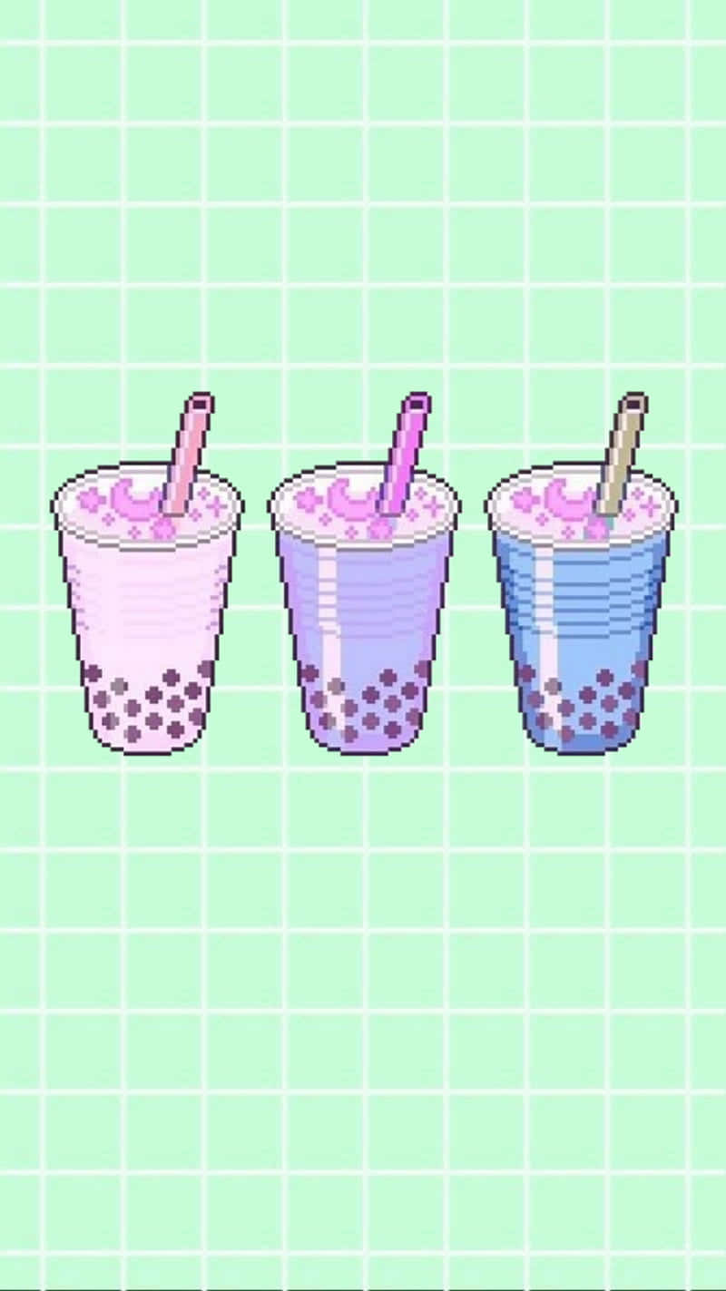 Cute Boba, pixel-art bubble tea cups, straws, HD Phone Wallpaper