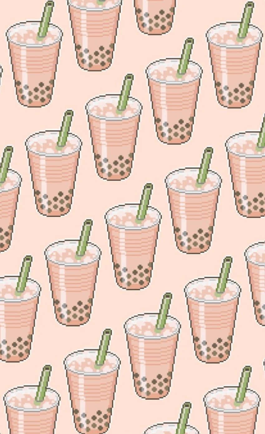 Pixel-art, bubble tea cups, green straws, HD Phone Wallpaper
