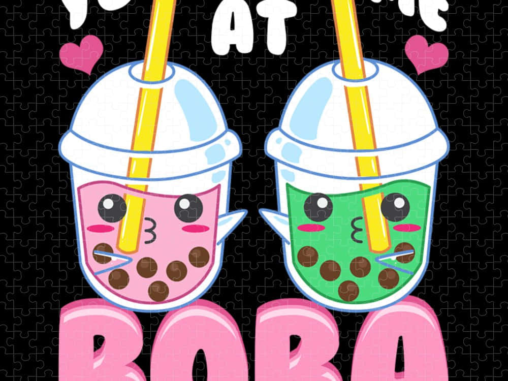 pink and green cute boba, kawaii boba tea cups, faces straws, SD Desktop Wallpaper