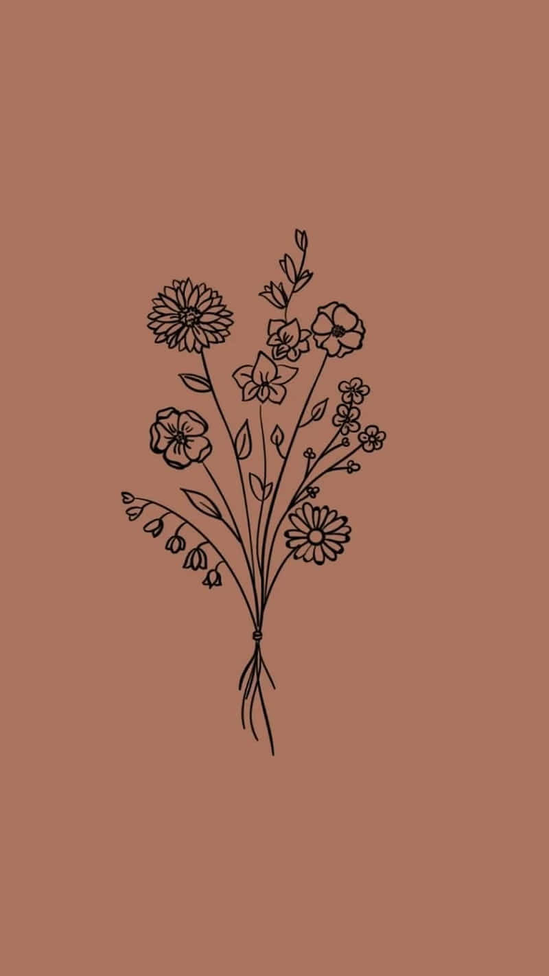 wildflower bouquet, black line drawing, solid terracotta background, HD Phone Wallpaper