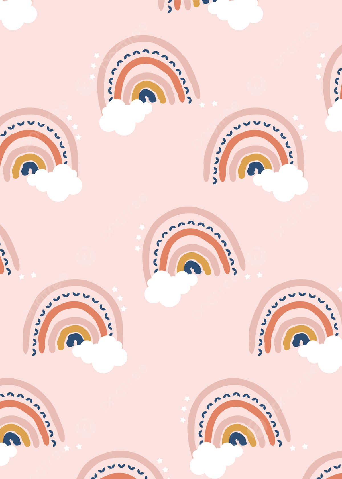 pastel pink, repeating stylized rainbows, fluffy clouds, HD Phone Wallpaper