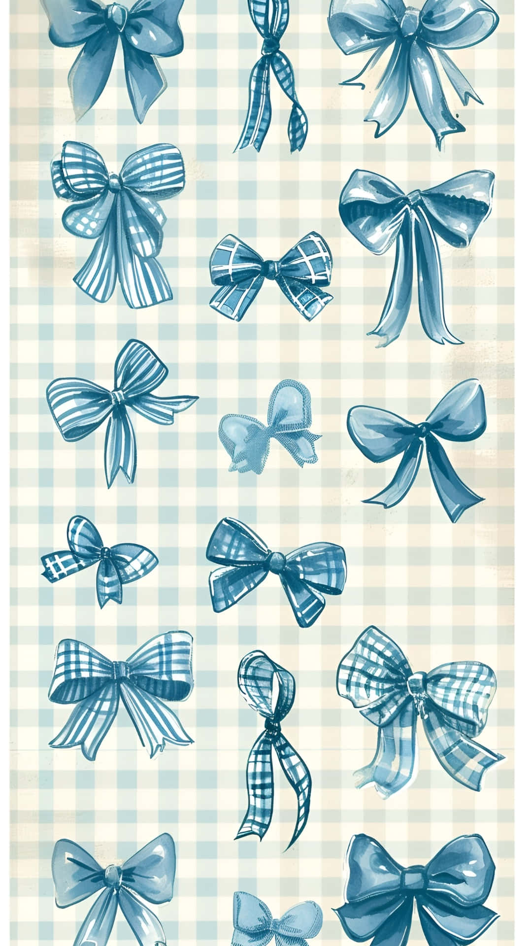 cute blue bow collection, blue bows, light blue and white checkered background, Full HD Phone Wallpaper