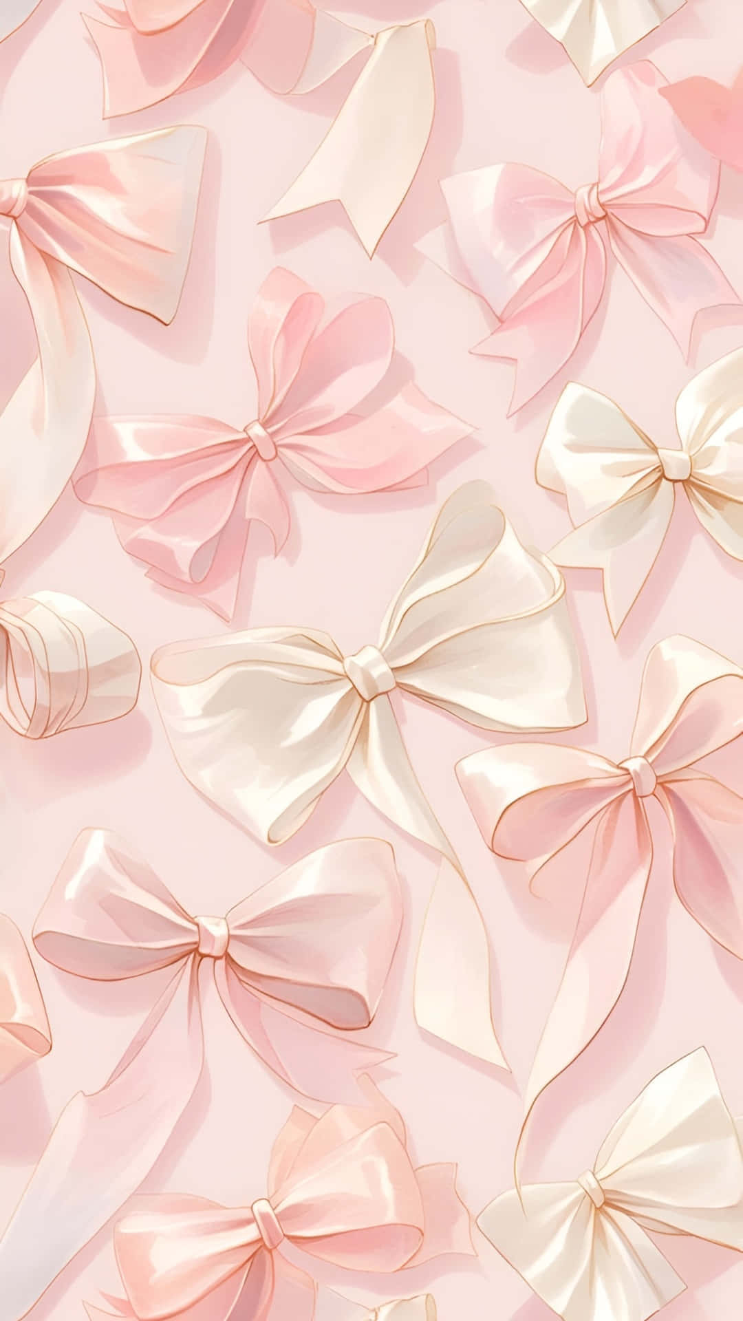soft pastel pink background, glossy satin bows, varying shades of pink and cream, Full HD Phone Wallpaper