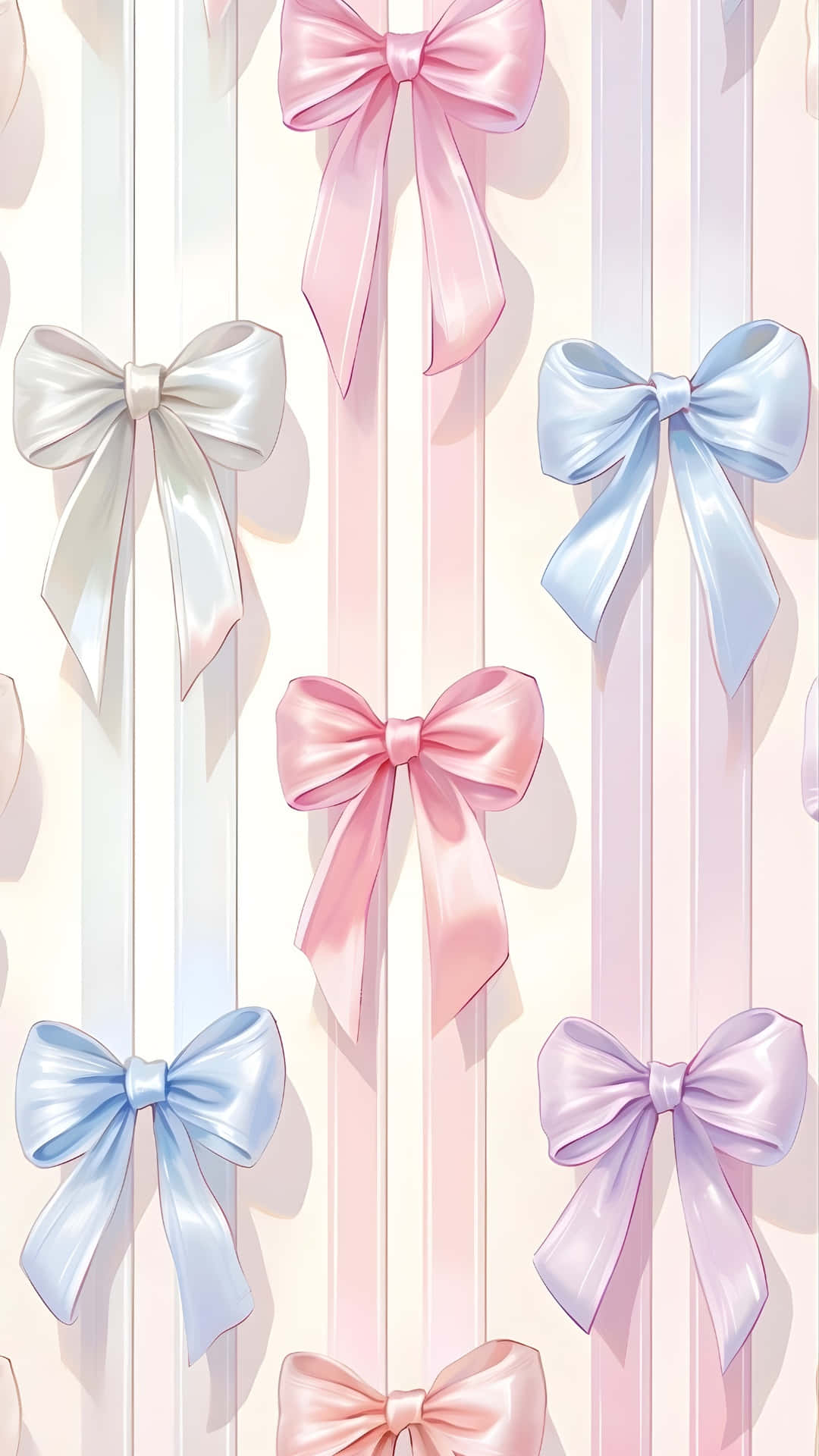pastel satin bows, pink blue and lavender, soft striped wallpaper, Full HD Phone Wallpaper