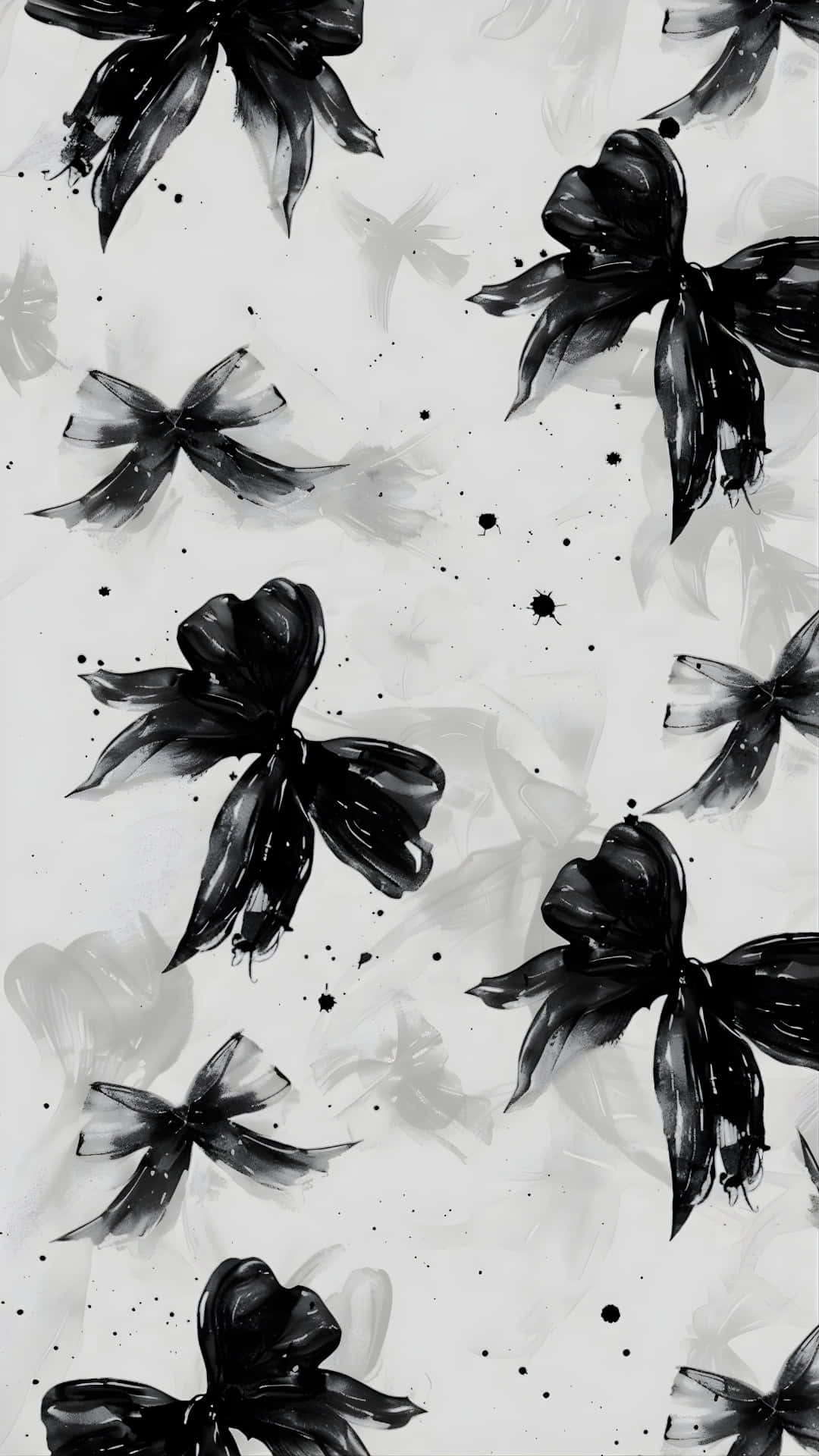 black ink bow pattern, textured white background, splattered paint accents, Full HD Phone Wallpaper