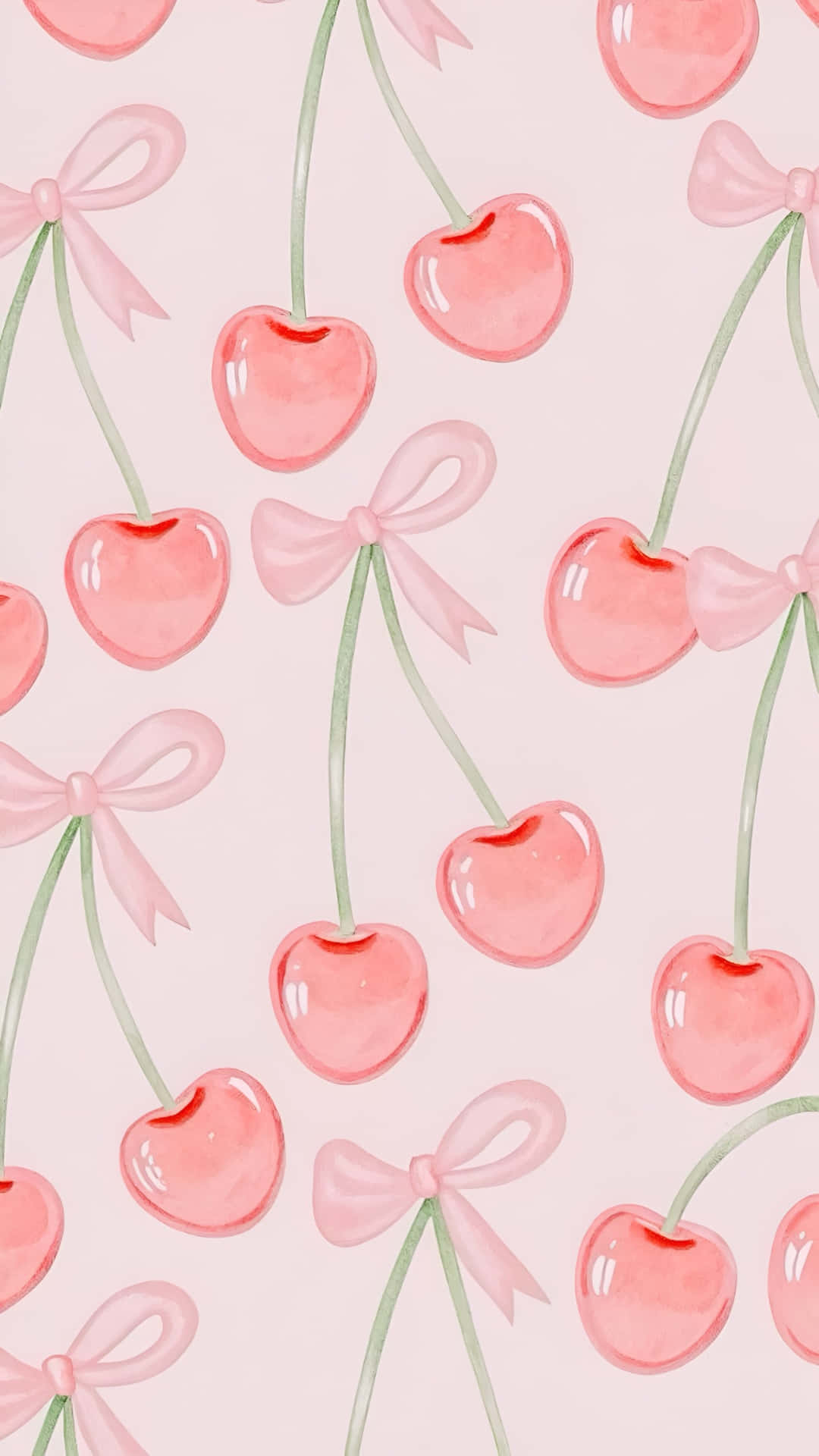 watercolor pink cherries, green stems, pink bows, Full HD Phone Wallpaper
