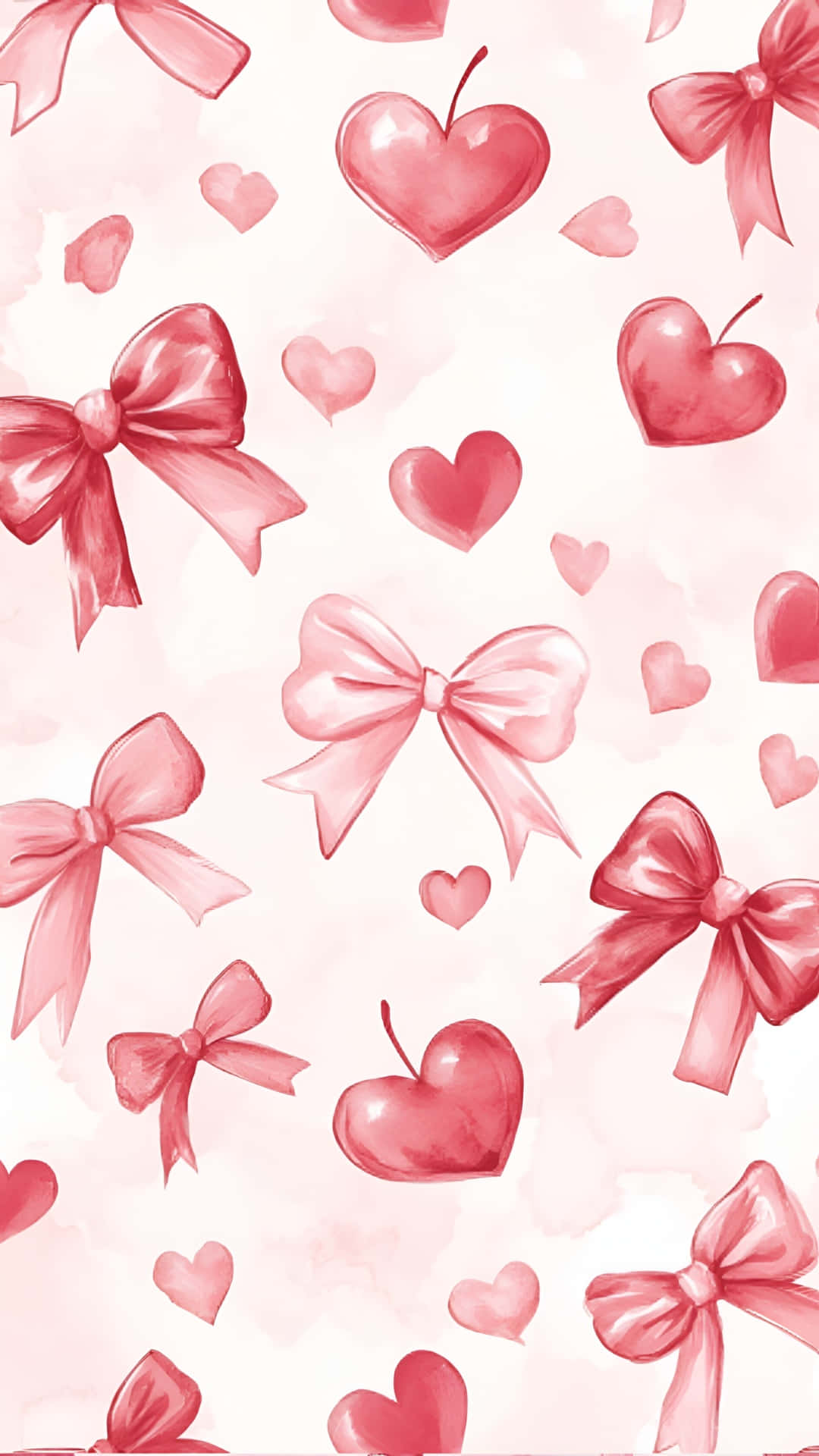 pink bows, heart cherries, watercolor pattern, Full HD Phone Wallpaper