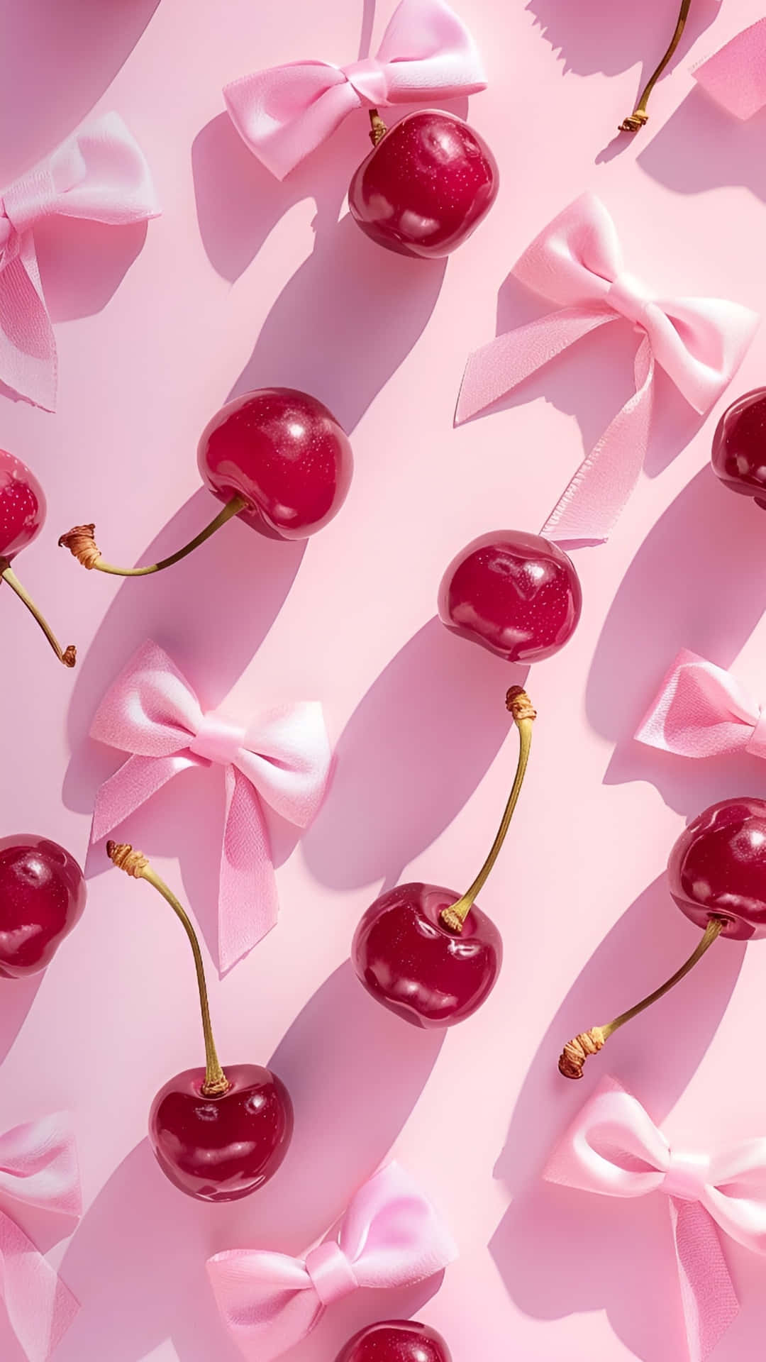 cherries, pink bows, pastel pink surface, Full HD Phone Wallpaper