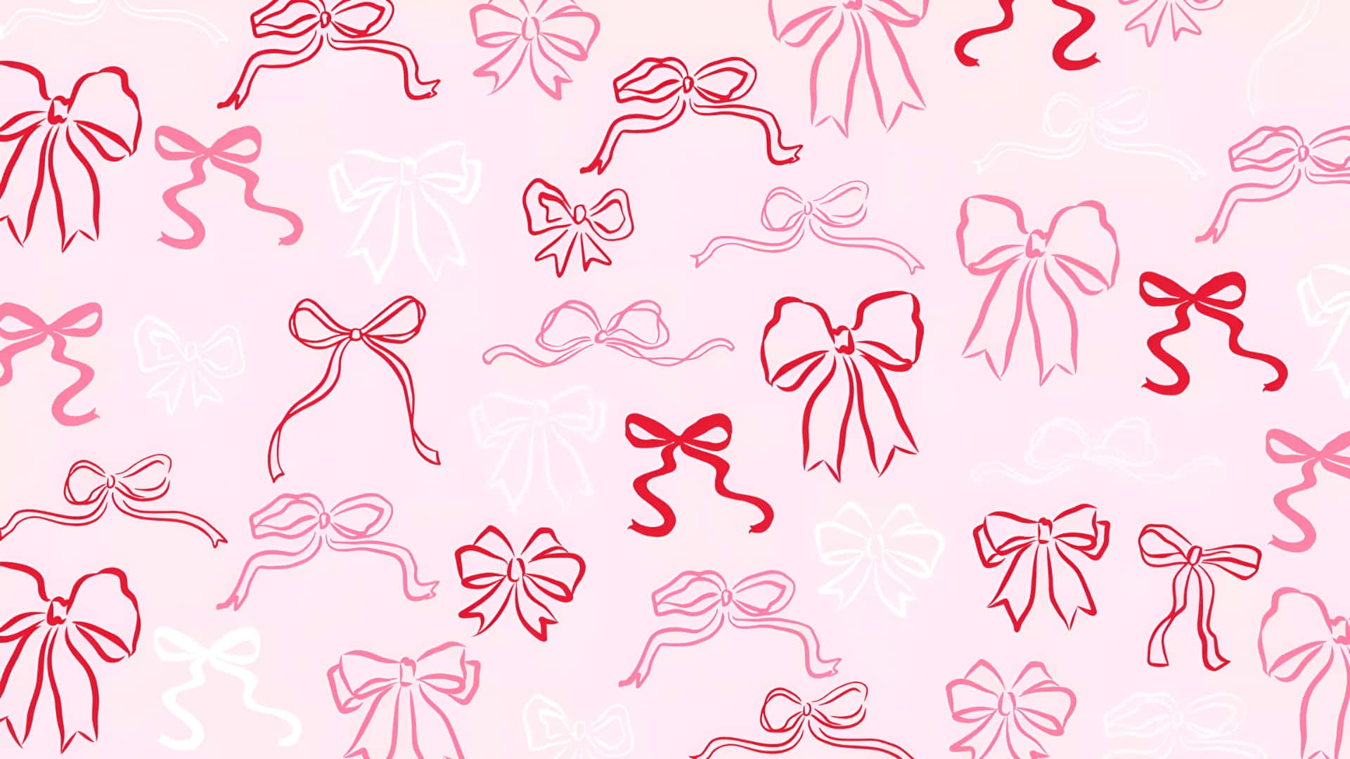 aesthetic bow pattern, soft pink background, red and white outlined bows, Full HD Desktop Wallpaper