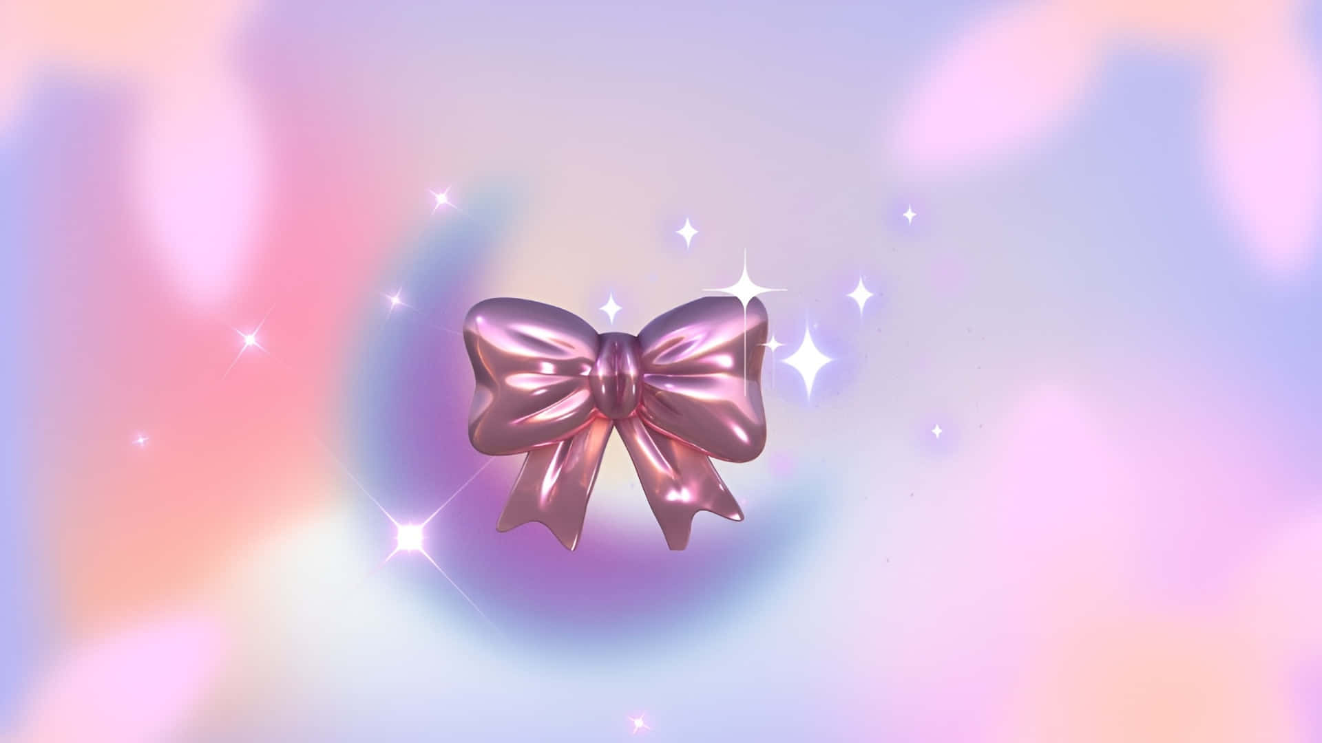 shiny metallic pink bow, glowing stars, soft pastel gradient background, Full HD Desktop Wallpaper