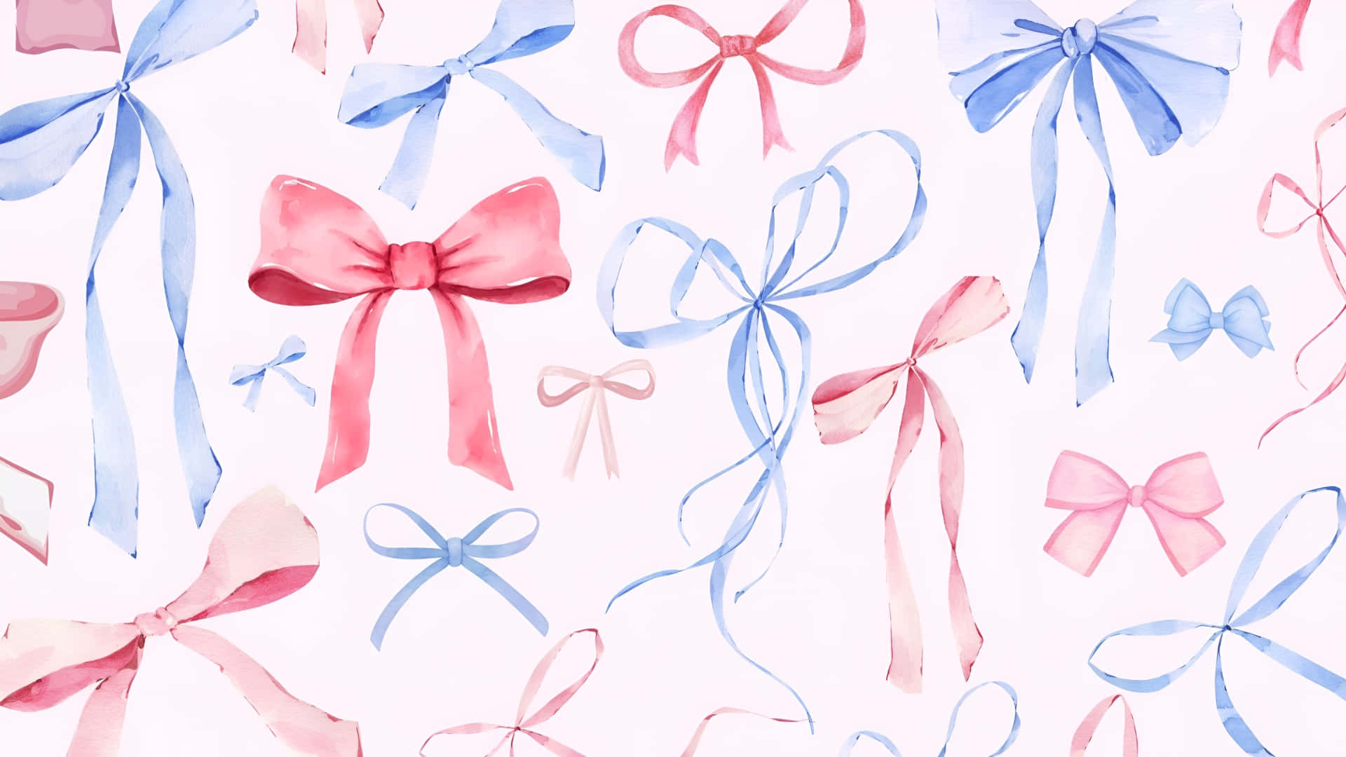 watercolor aesthetic, pink bows, blue bows, Full HD Desktop Wallpaper