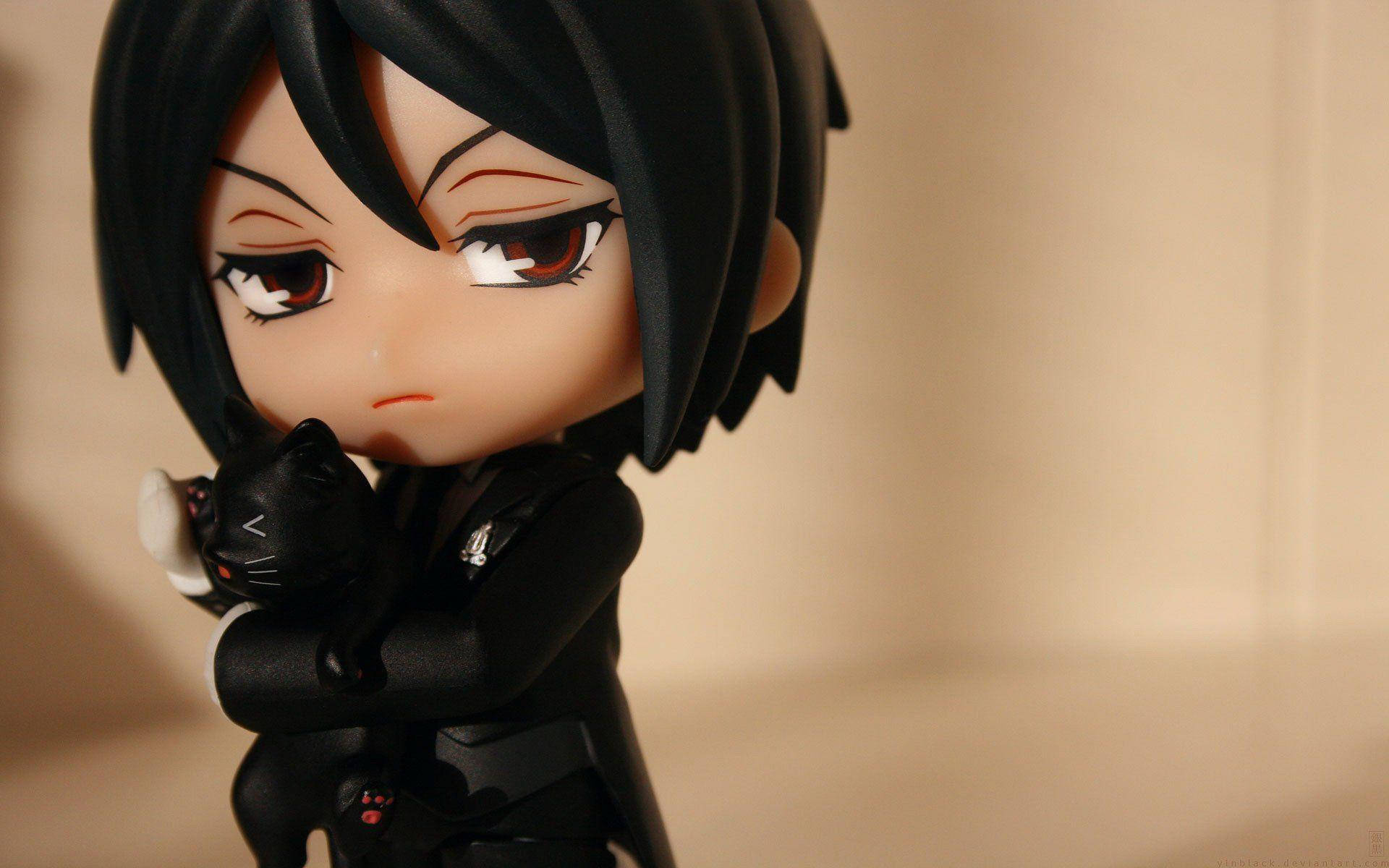 chibi Sebastian figure, black hair, red eyes, Full HD Desktop Wallpaper