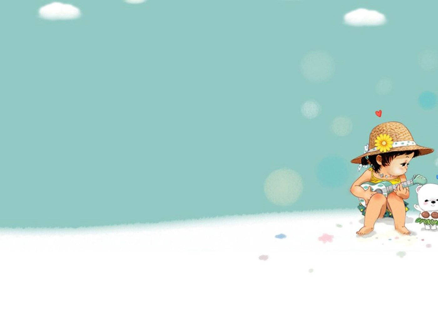 cute boy cartoon, straw hat, ukulele, HD Desktop Wallpaper