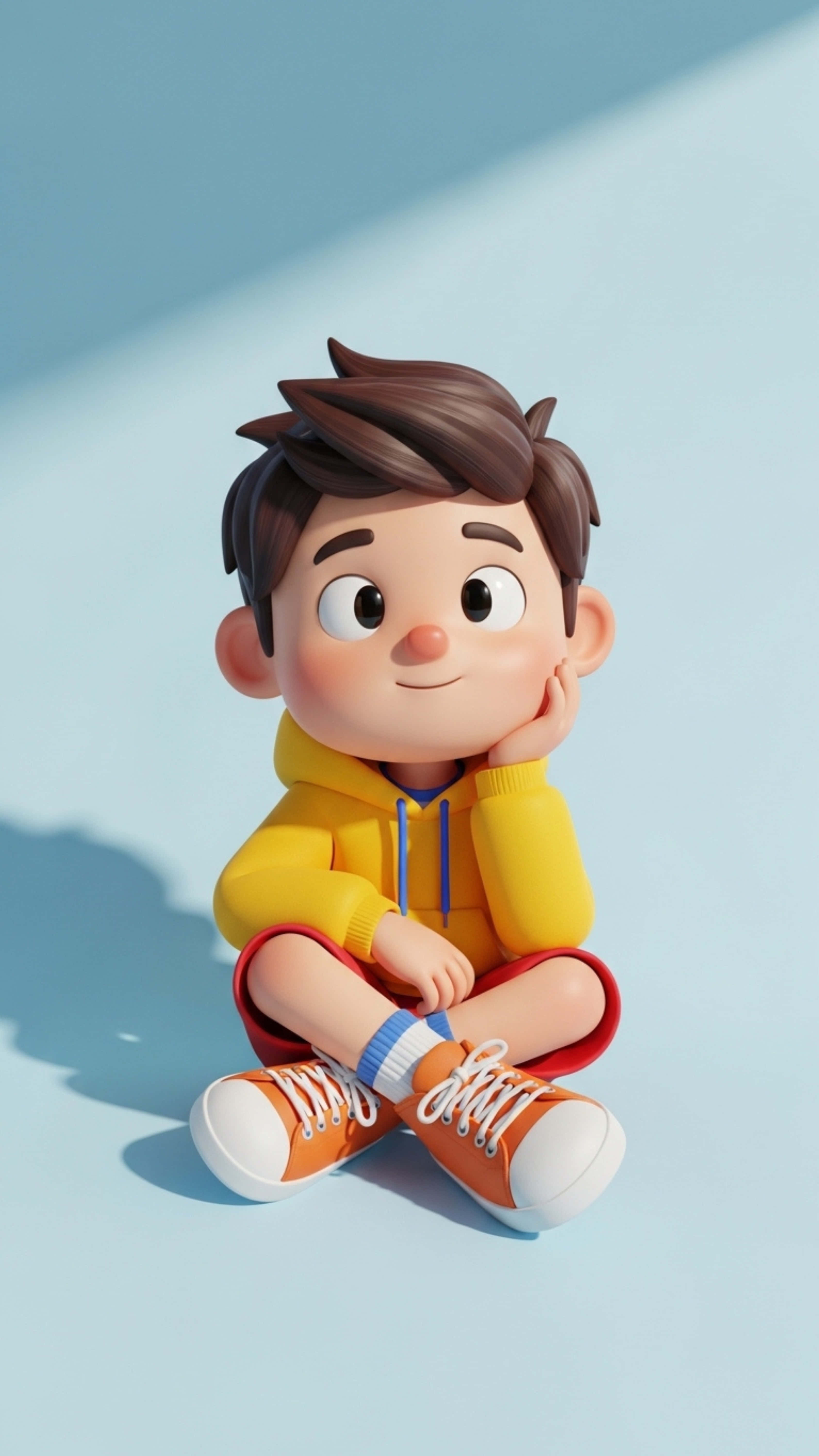 3d cartoon boy, yellow hoodie, orange sneakers, 5K Phone Wallpaper
