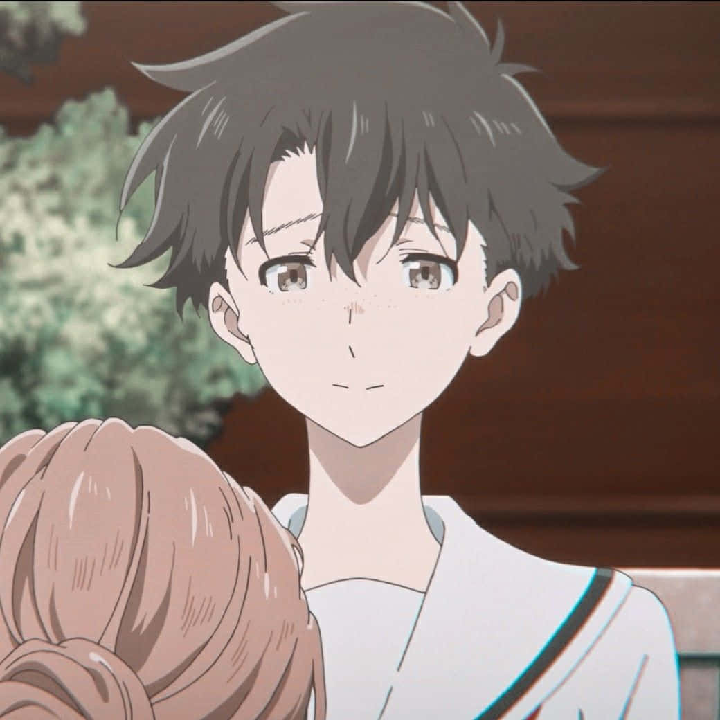animated teen boy, messy dark hair, gentle eyes, SD Desktop Wallpaper