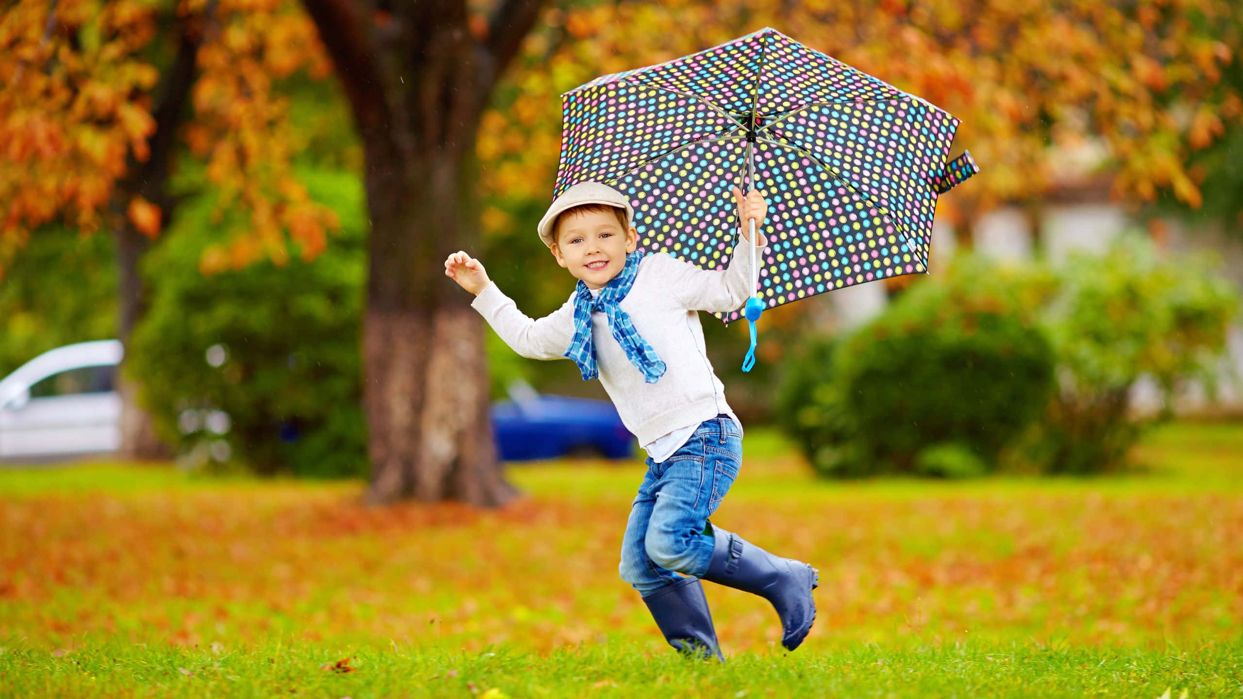 blue boots, hat, colorful polka-dot umbrella, 2K Desktop Wallpaper