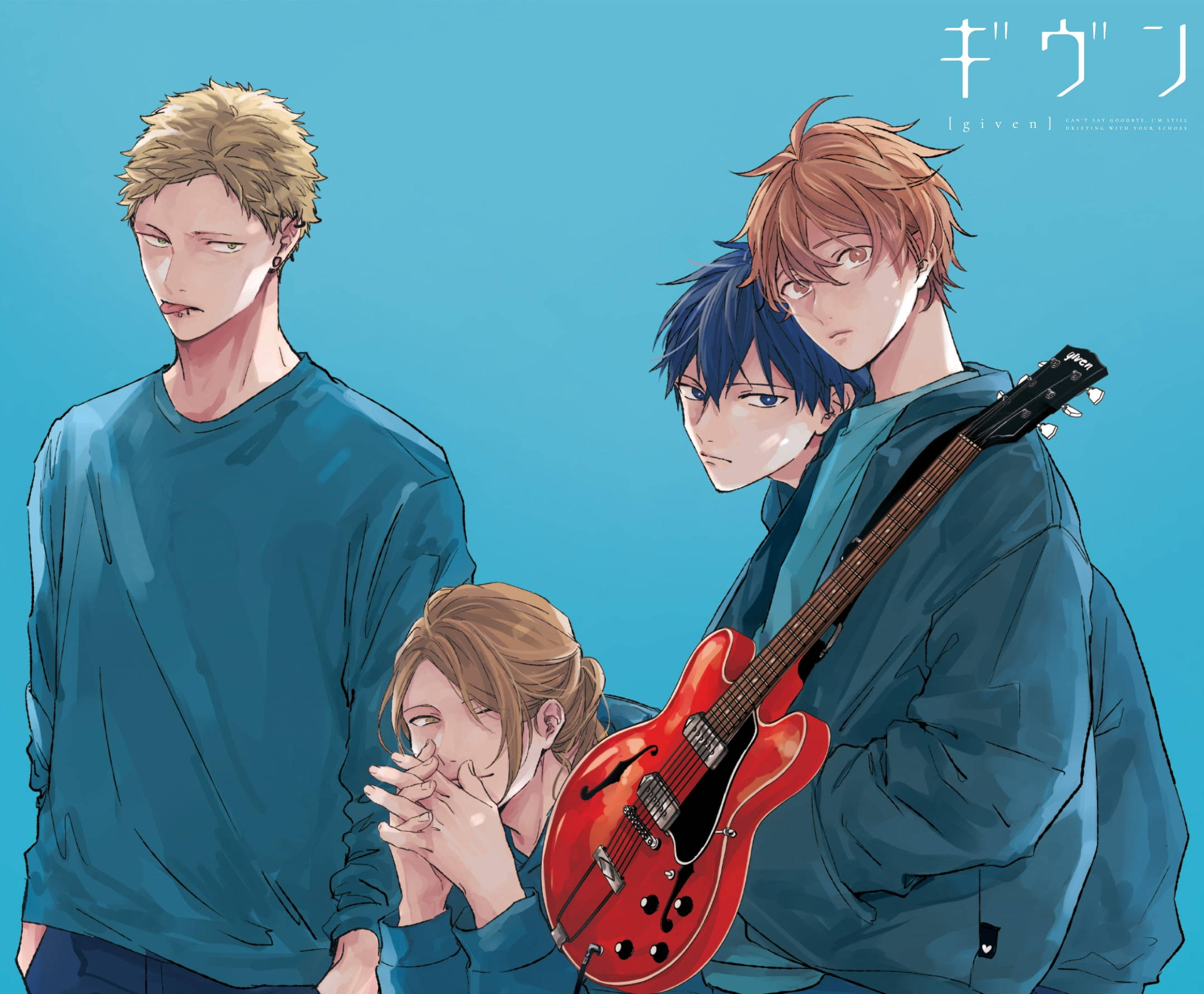 anime boys, teal shirts, red electric guitar, Full HD Desktop Wallpaper