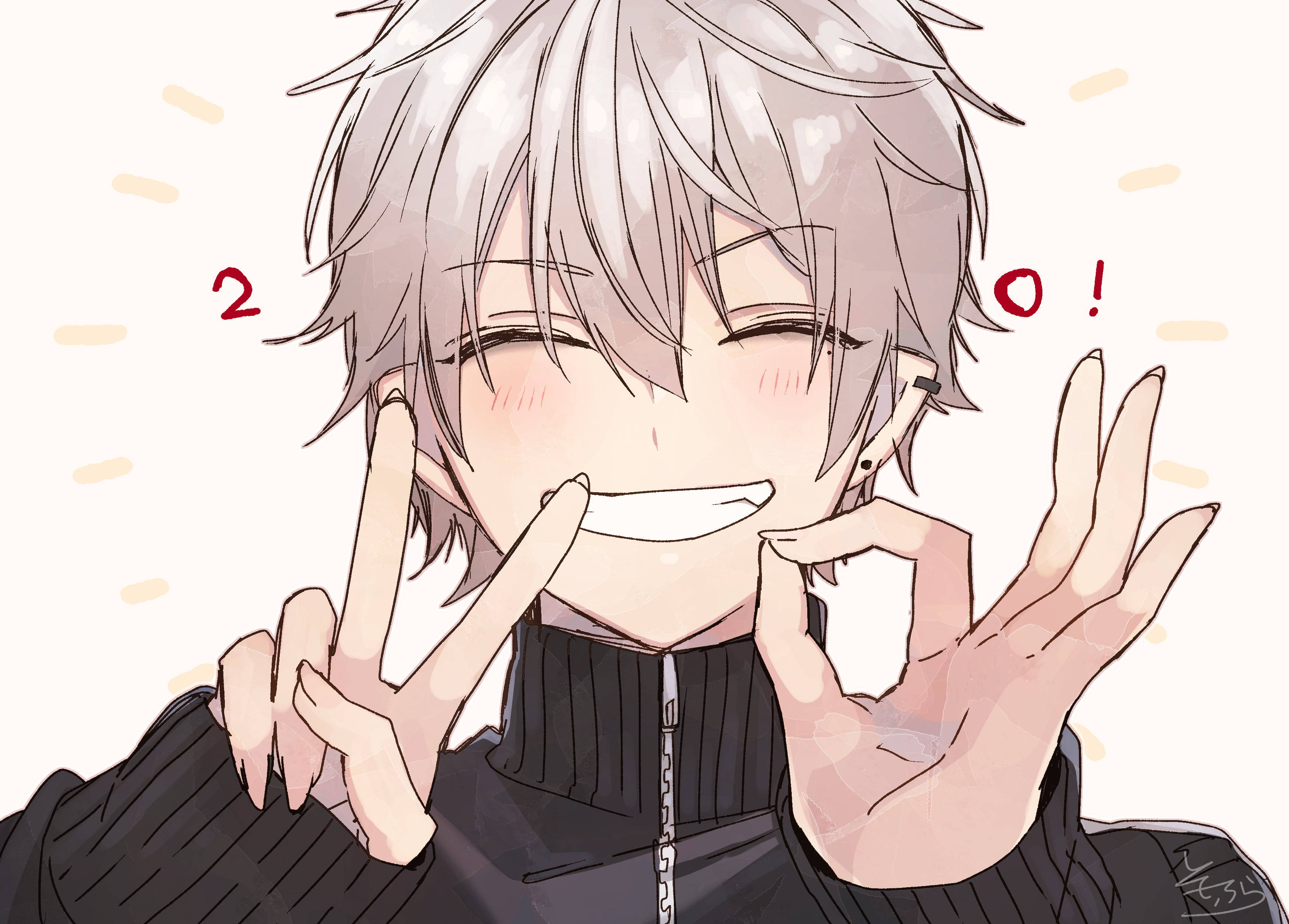 cute anime boy, silver hair, peace sign, 2K Desktop Wallpaper
