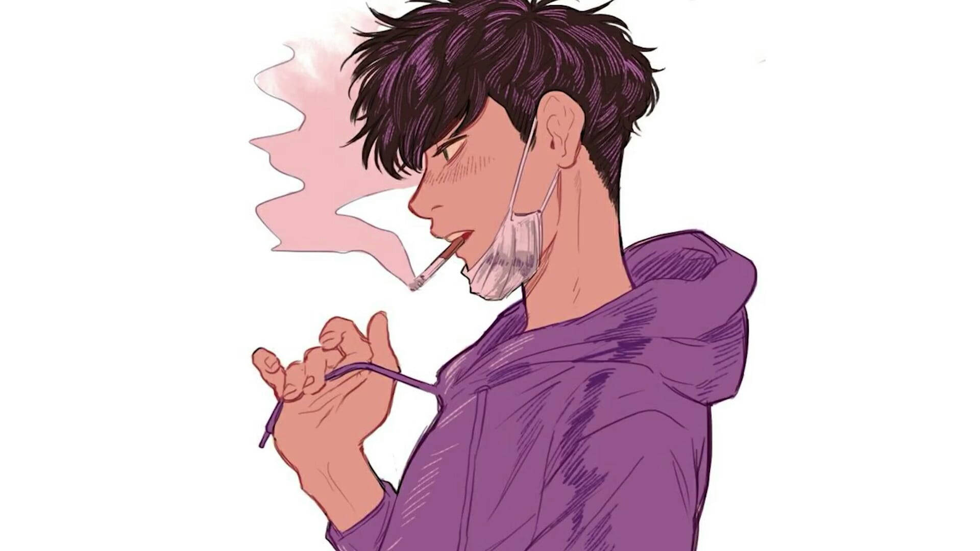purple hoodie, pink smoke trail, face mask pulled down, Full HD Desktop Wallpaper