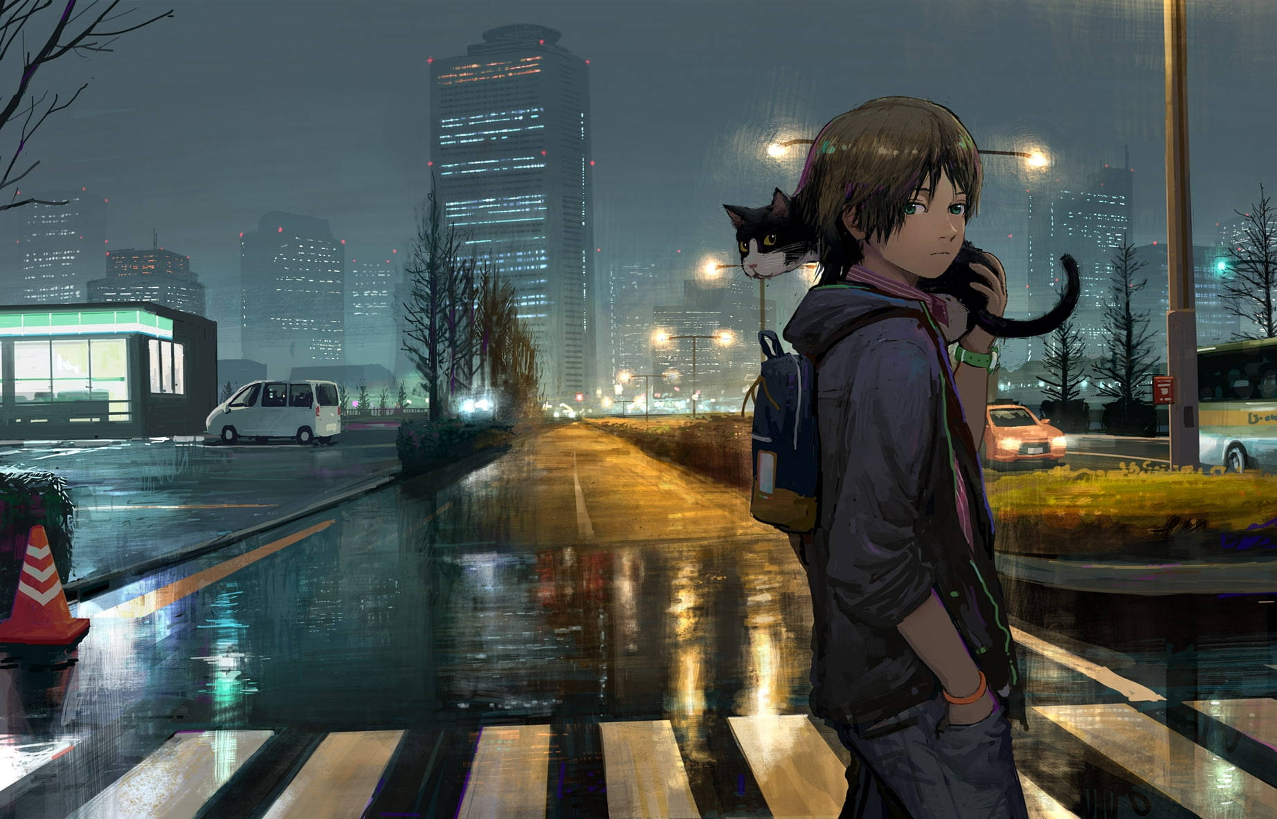 anime teen, cat on shoulder, rain-slicked city crosswalk, HD Desktop Wallpaper