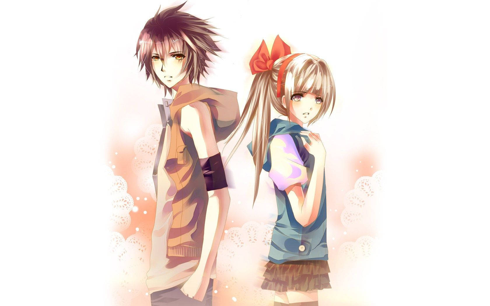 anime characters, soft glowing clouds, warm peach tones, HD Desktop Wallpaper
