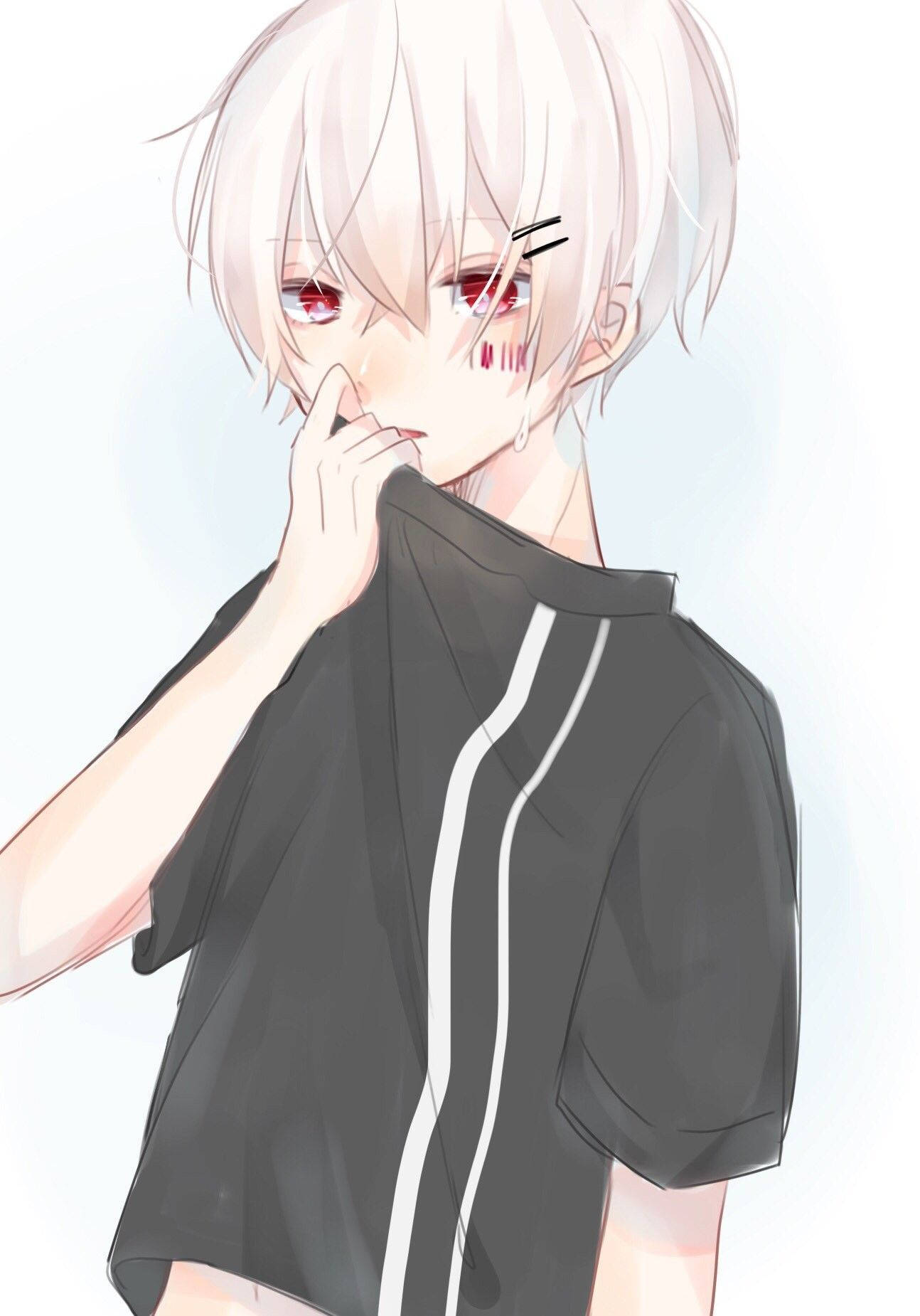 white hair, red eyes, black shirt with white stripes, HD Phone Wallpaper