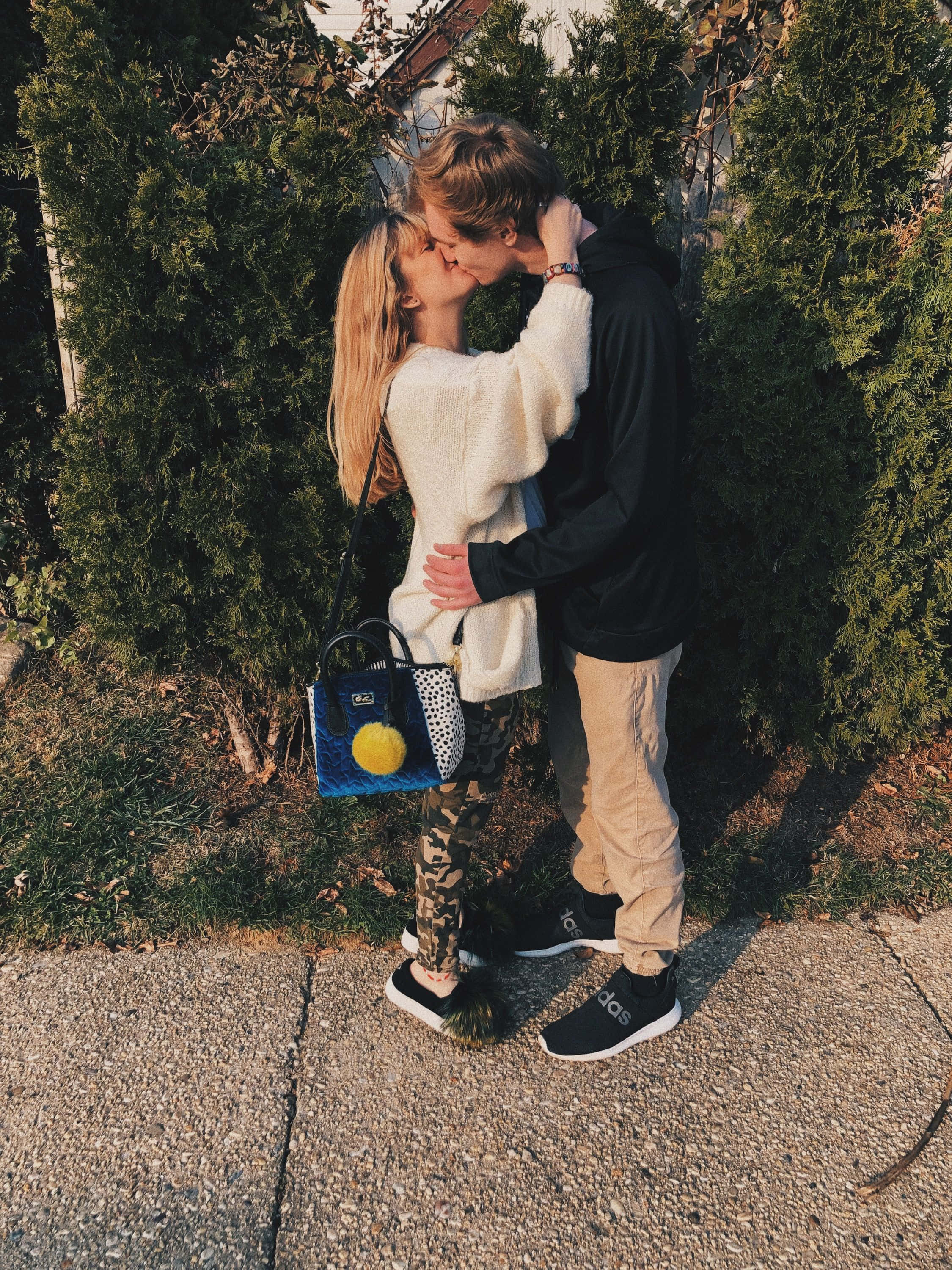 Cute Boyfriend, sunlit sidewalk, lush green hedges, 2K Phone Wallpaper