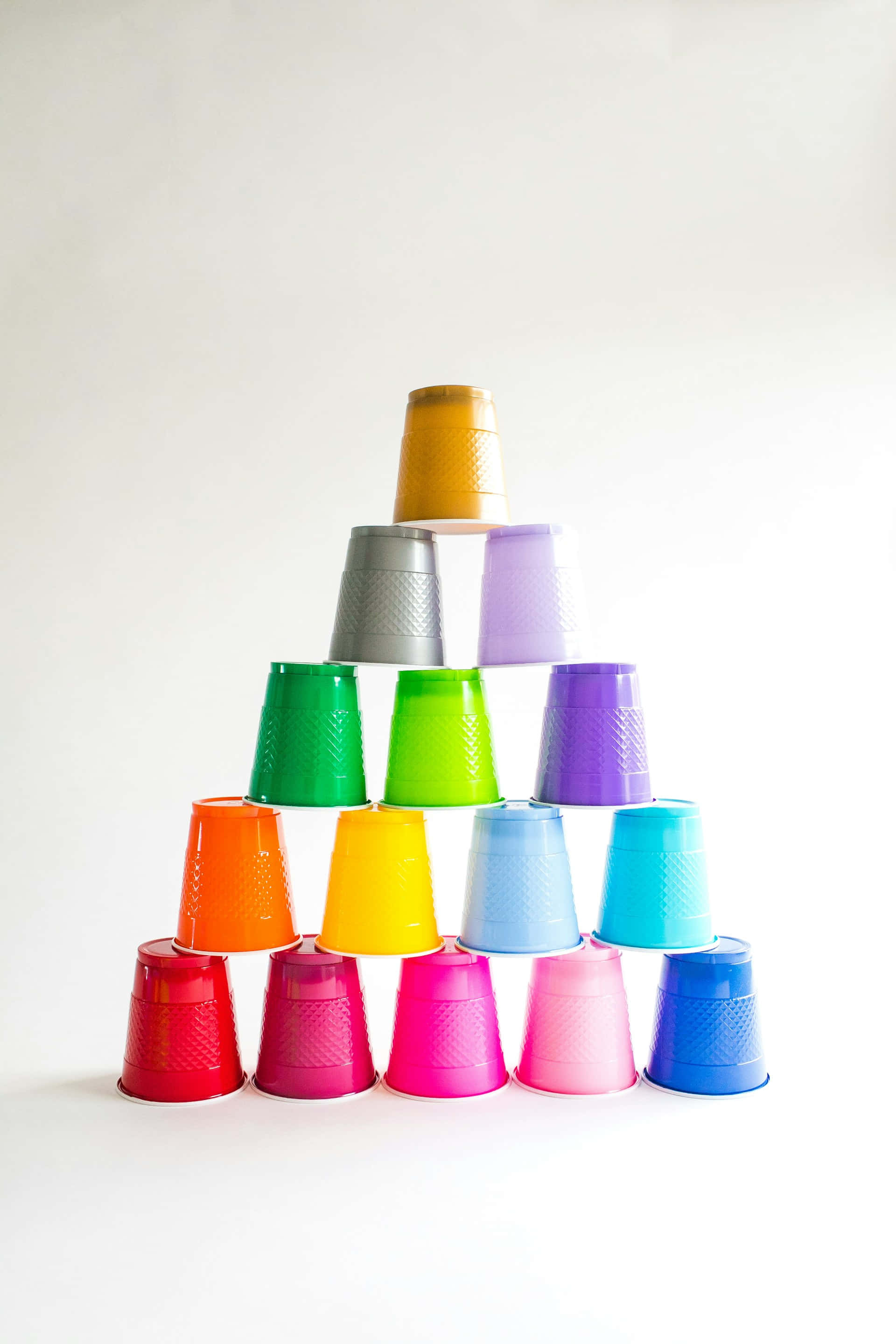 colorful plastic cups, pyramid, rainbow pattern, 2K Phone Wallpaper