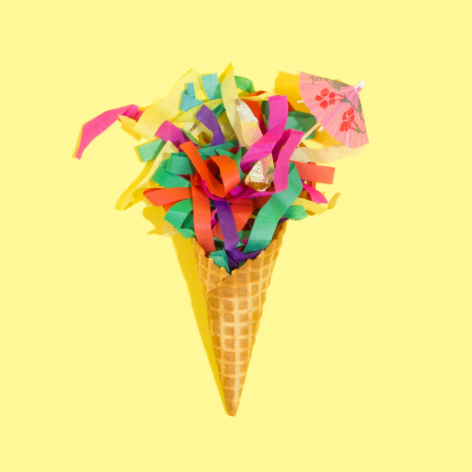 colorful confetti, pink cocktail umbrella, pale yellow background, Full HD Desktop Wallpaper