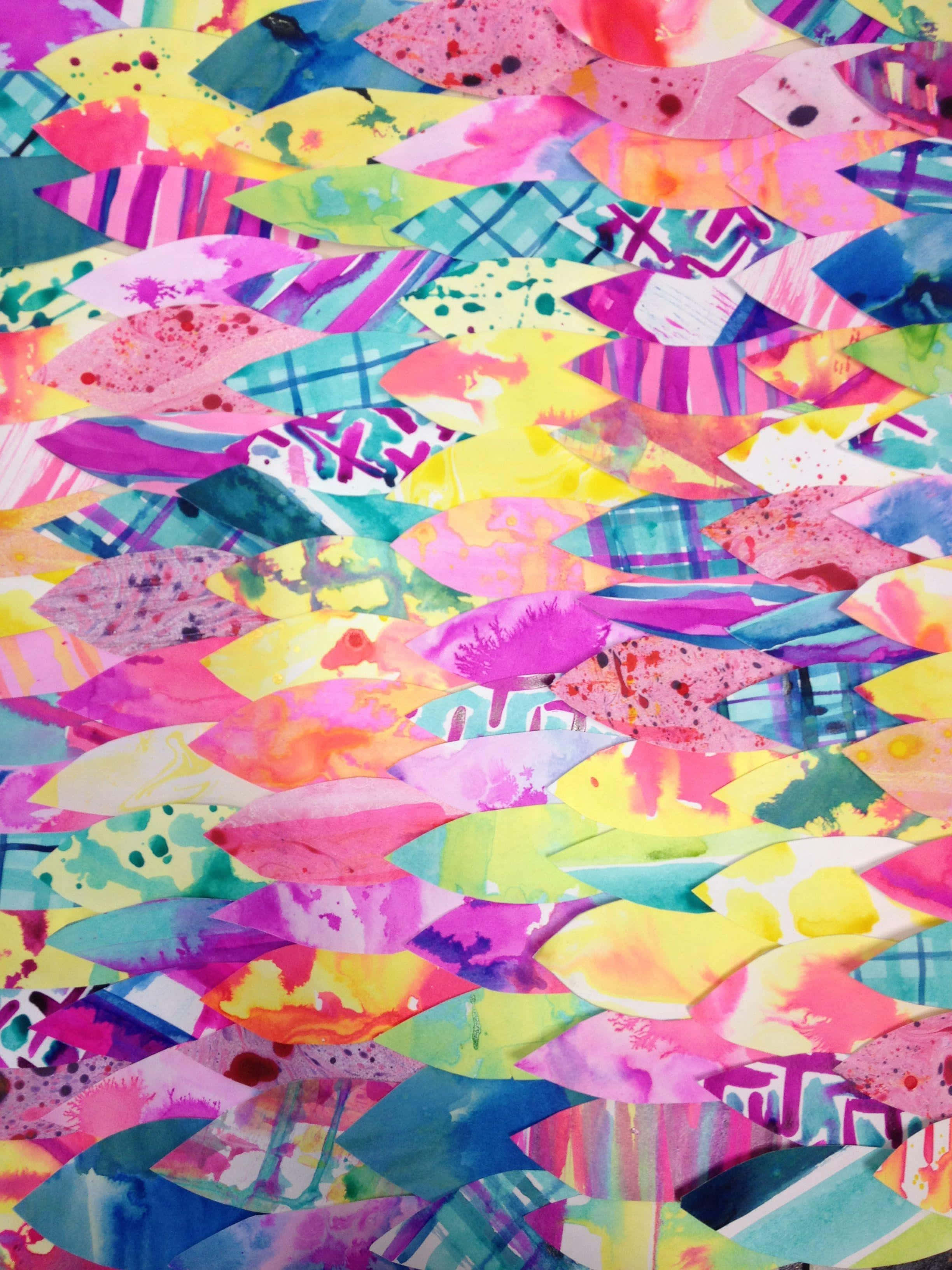 colorful abstract collage artwork, vibrant overlapping paper fish, bold colors, 2K Phone Wallpaper