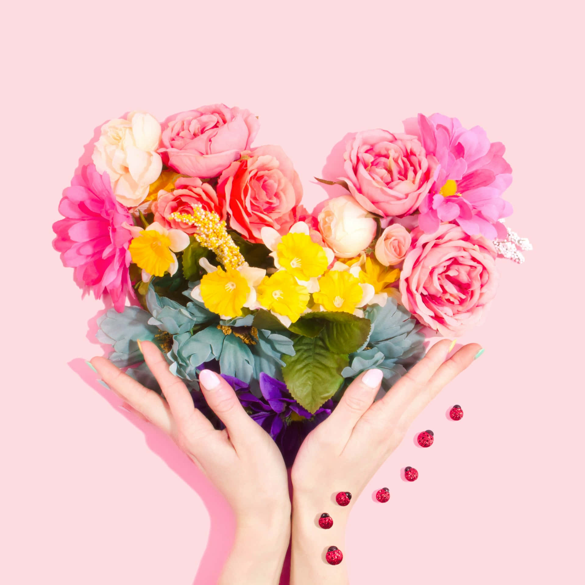 vibrant heart-shaped bouquet, pink yellow and purple flowers, soft pink background, Full HD Desktop Wallpaper