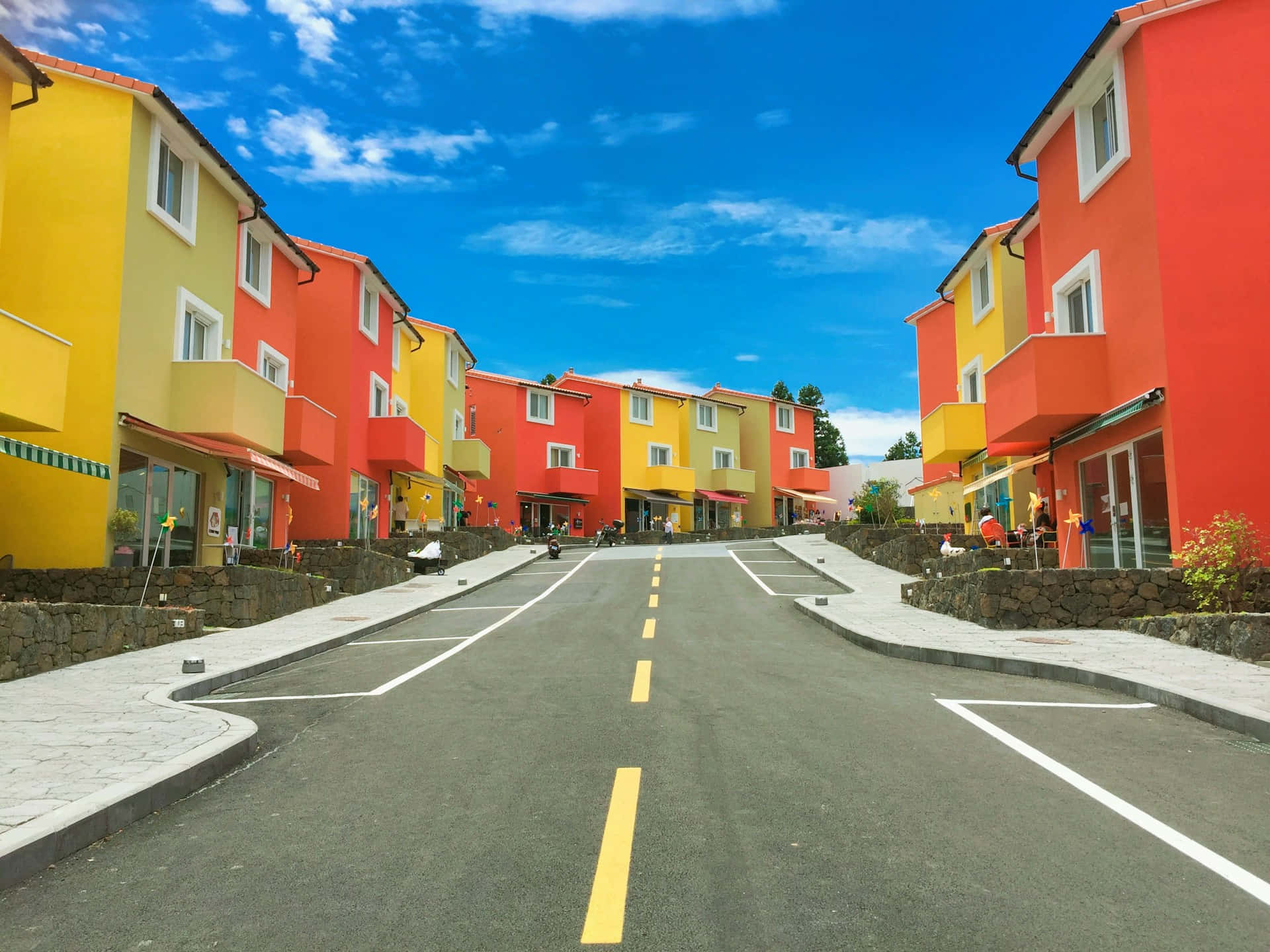 colorful townhouses, orange, yellow, Full HD Desktop Wallpaper
