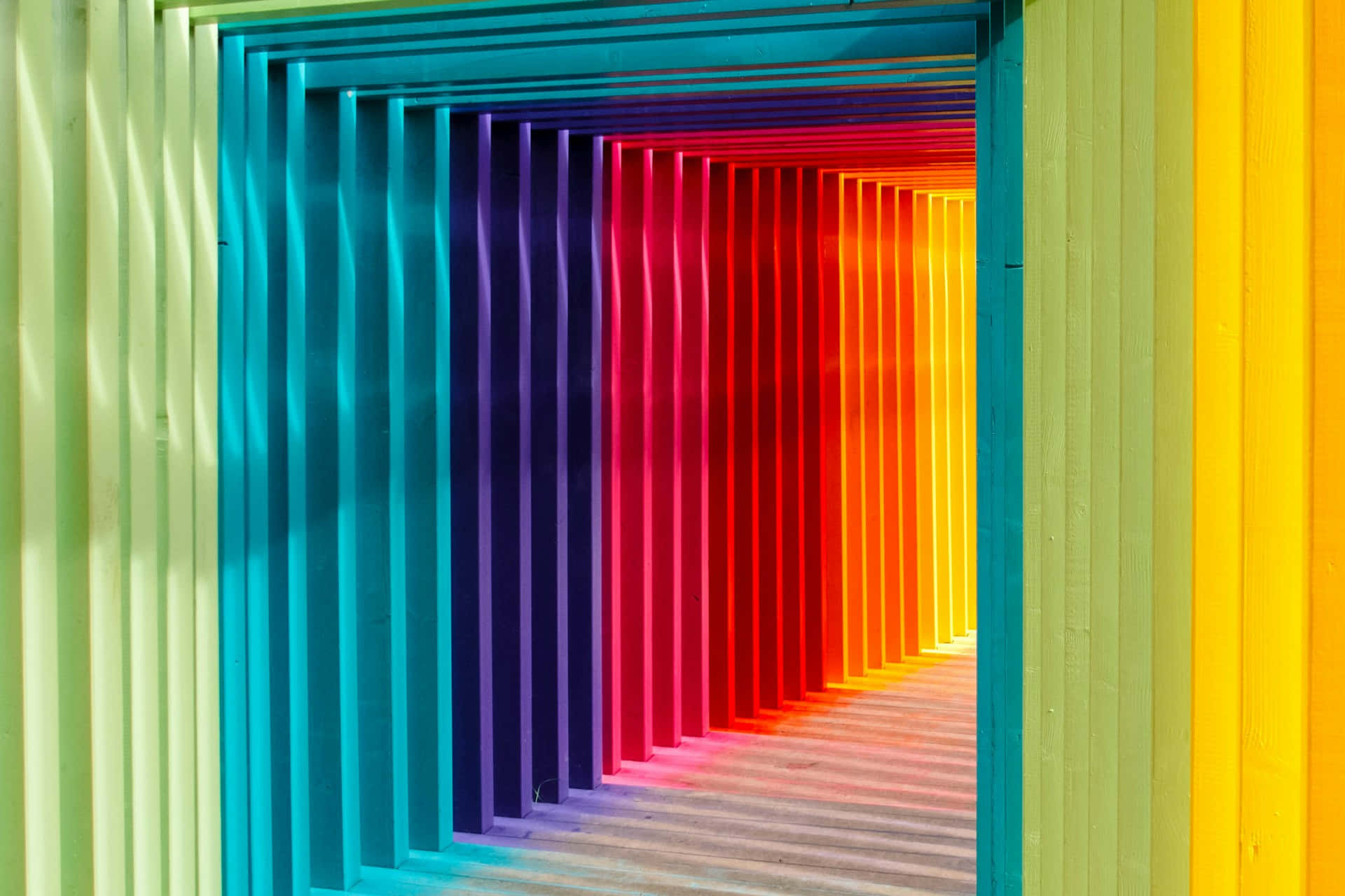 colorful corridor, rainbow-colored corridor, vertical slats, Full HD Desktop Wallpaper