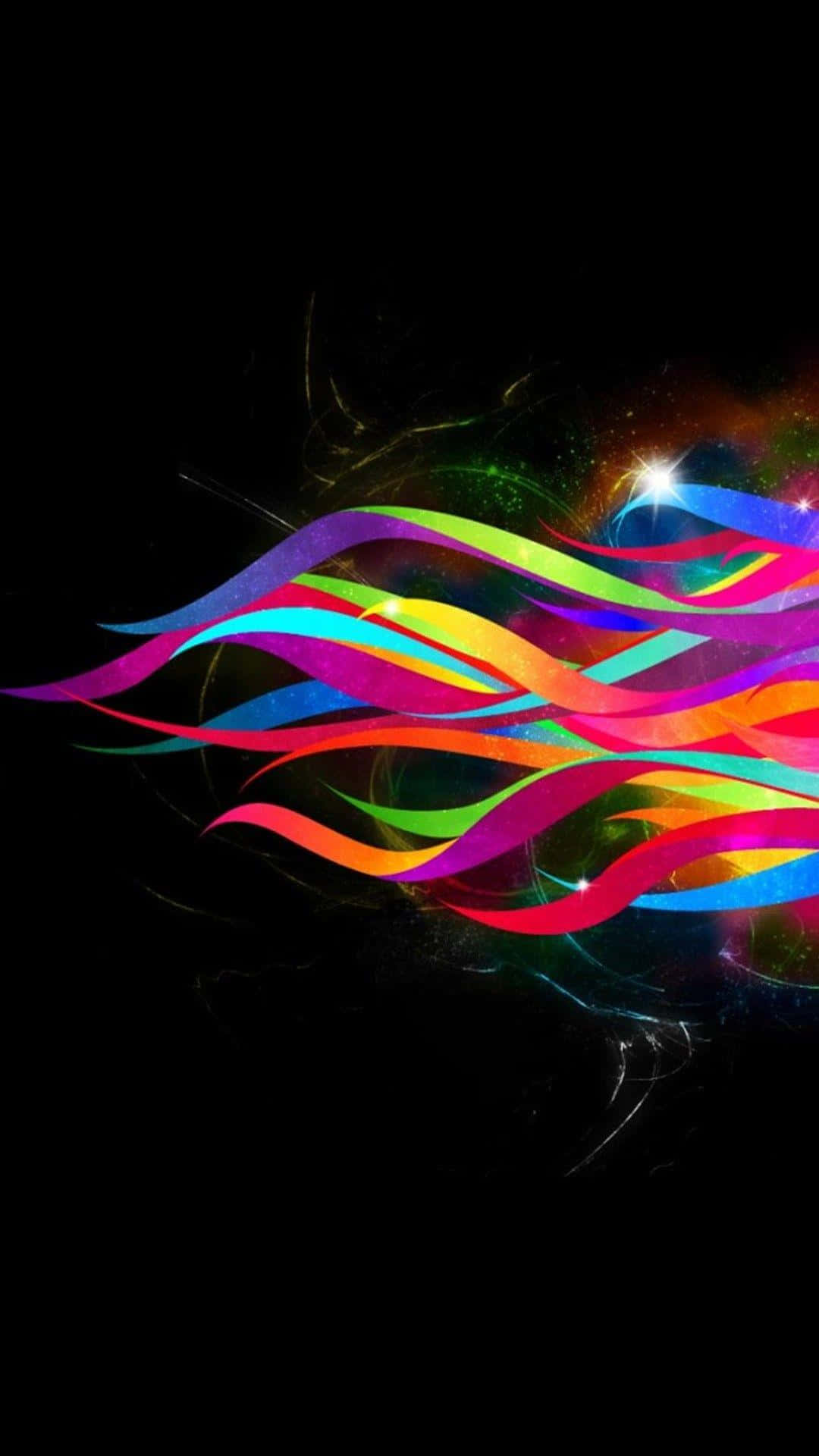 vibrant rainbow ribbons, cosmic black background, glowing stars, Full HD Phone Wallpaper