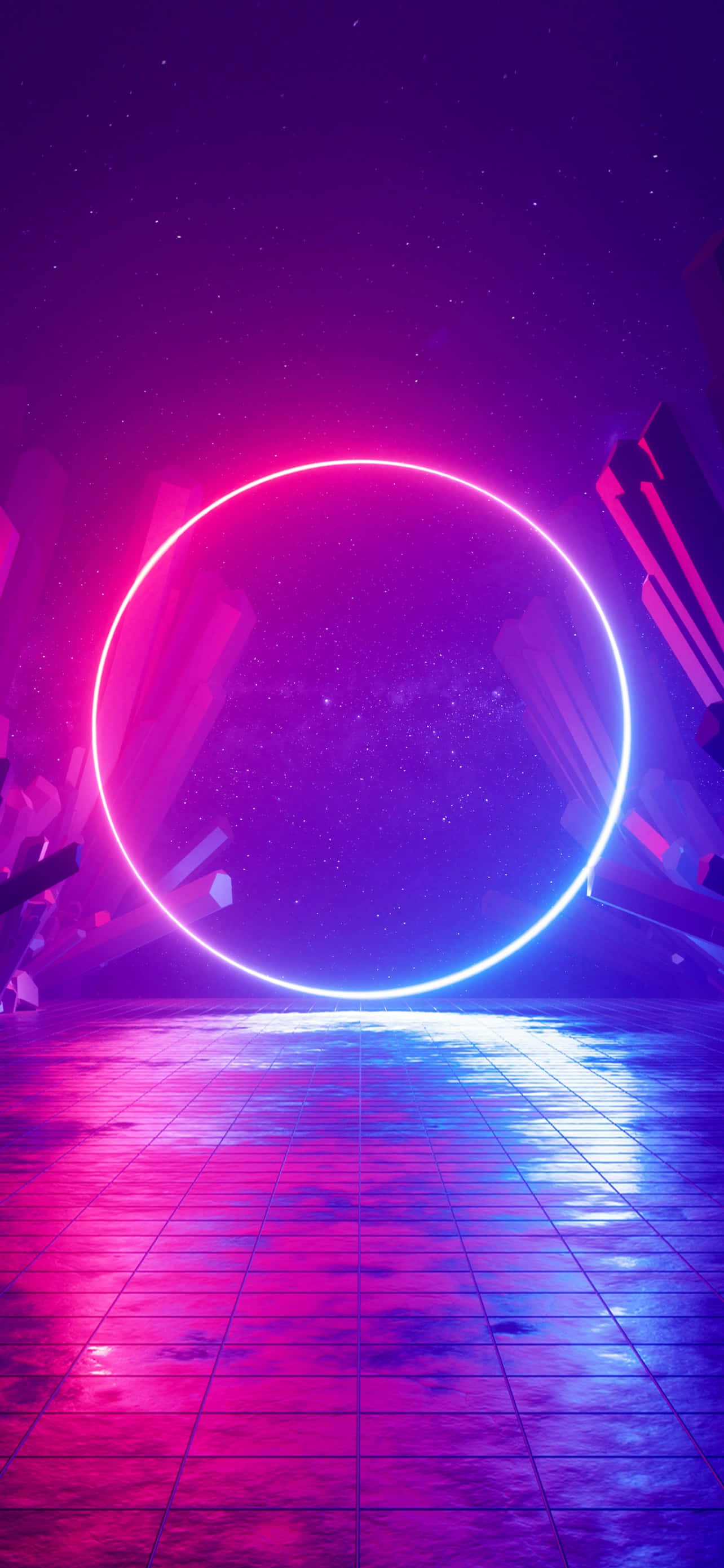 neon ring, starry purple void, reflective grid floor, 2K Phone Wallpaper