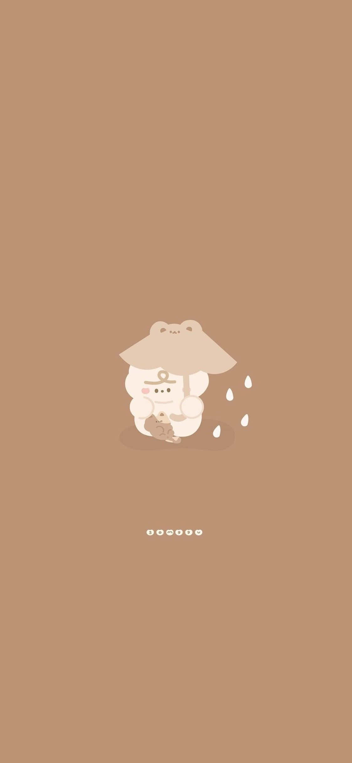 cute brown aesthetic, cartoon bear, beige umbrella, Full HD Phone Wallpaper