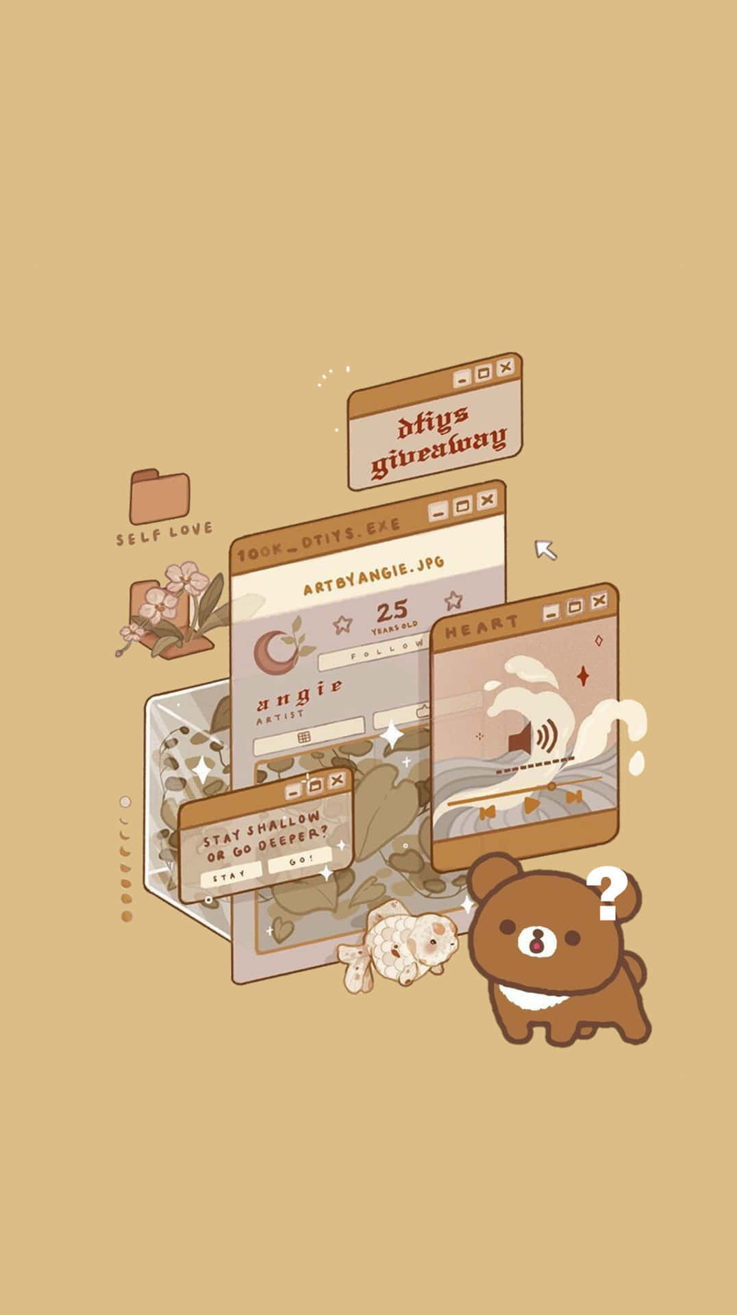cute brown bear, floating digital windows, art files, Full HD Phone Wallpaper