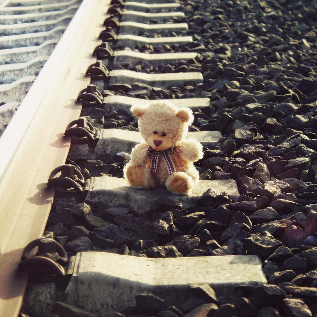 teddy bear, railroad tracks, beige, HD Desktop Wallpaper