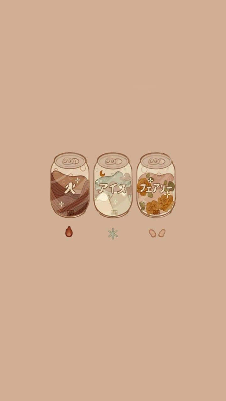 cute brown aesthetic, terrarium wallpaper, three illustrated soda cans, SD Phone Wallpaper