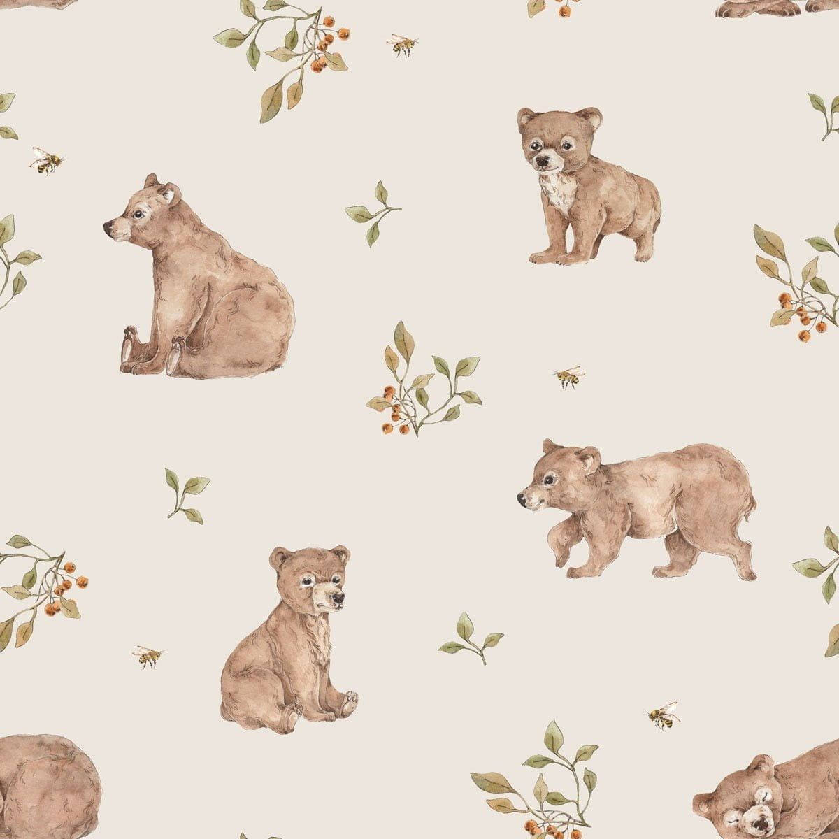 cute brown bear, watercolor bears, berry bushes, SD Desktop Wallpaper