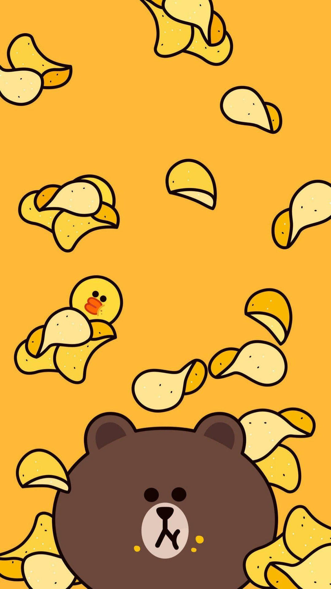 brown bear, potato chips, orange background, Full HD Phone Wallpaper