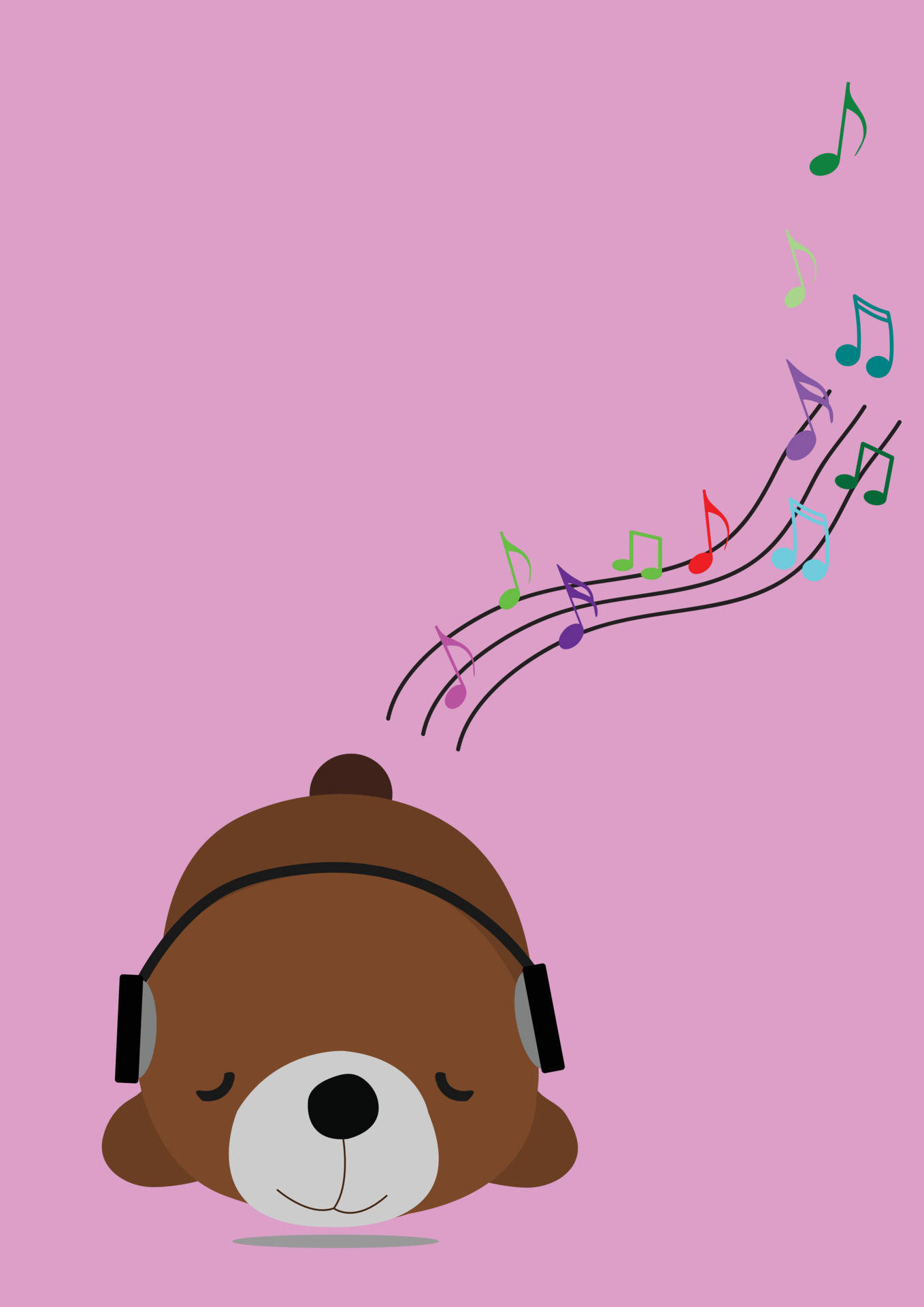 cute brown bear, headphones, colorful musical notes, Full HD Phone Wallpaper