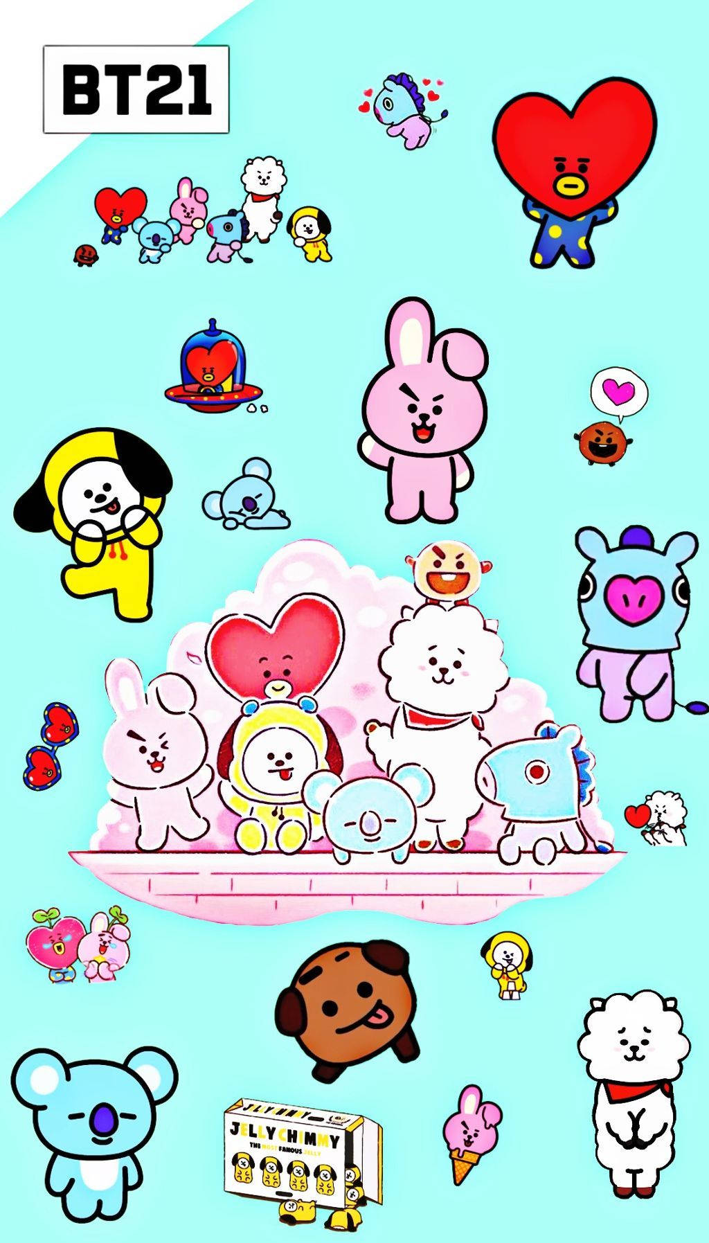 BT21, 9 cartoon characters, pink cloud, HD Phone Wallpaper
