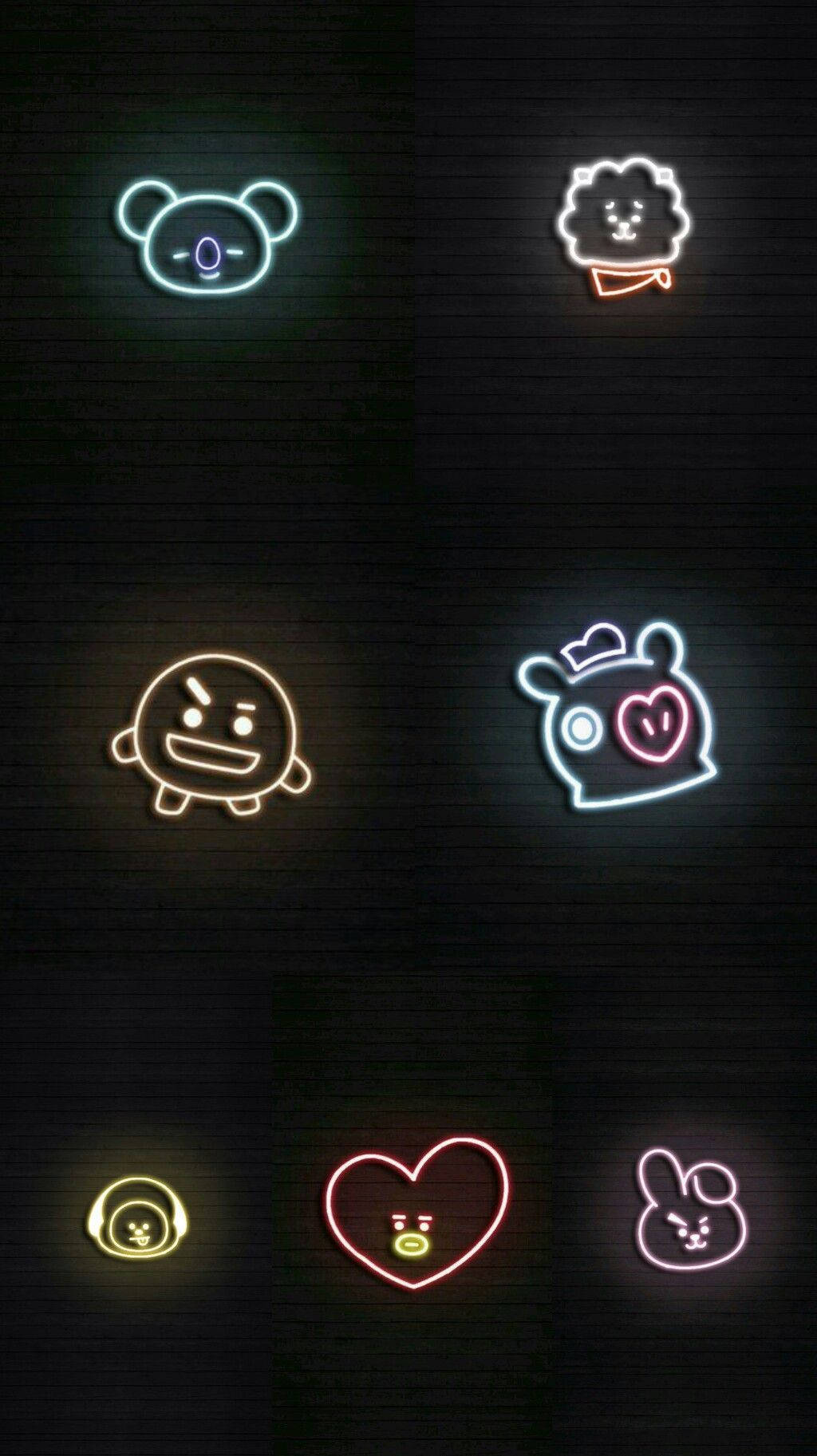 Cute BT21 Characters, neon light, dark brick wall, HD Phone Wallpaper