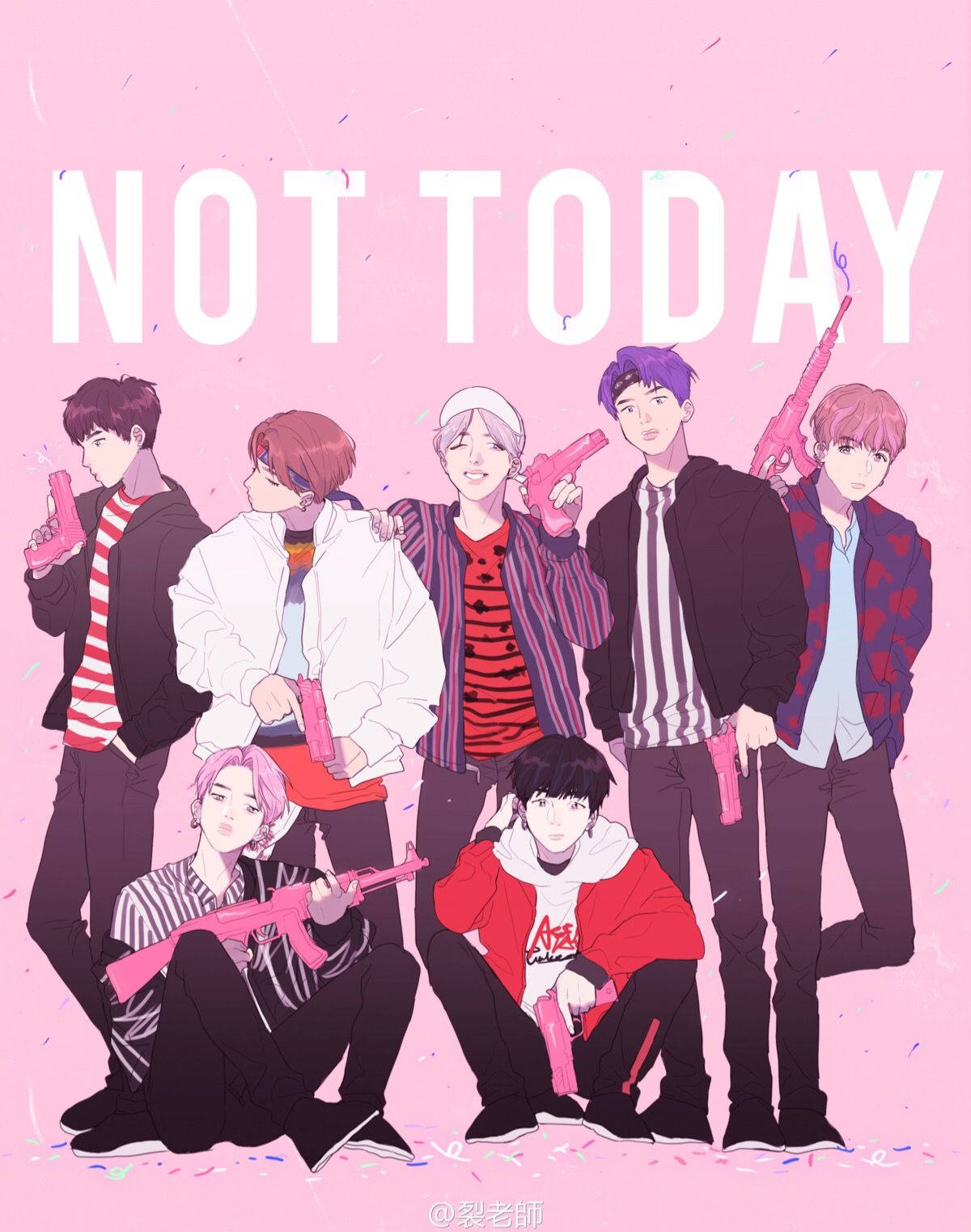Cute BTS Drawing, Seven anime-style boys, pink guns, HD Phone Wallpaper