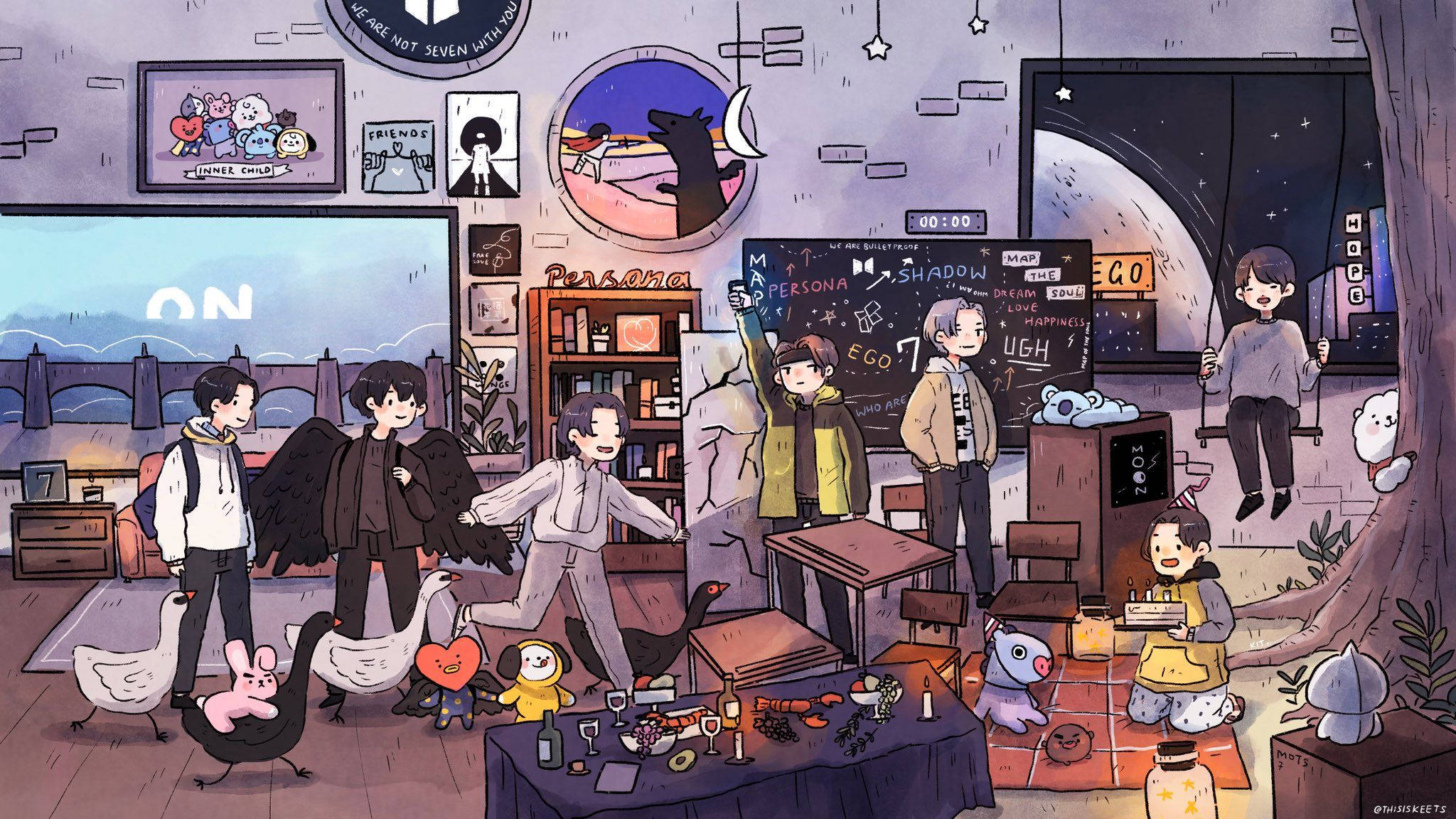 Cute BTS Drawing Room, whimsical illustrated room, anime characters, Full HD Desktop Wallpaper