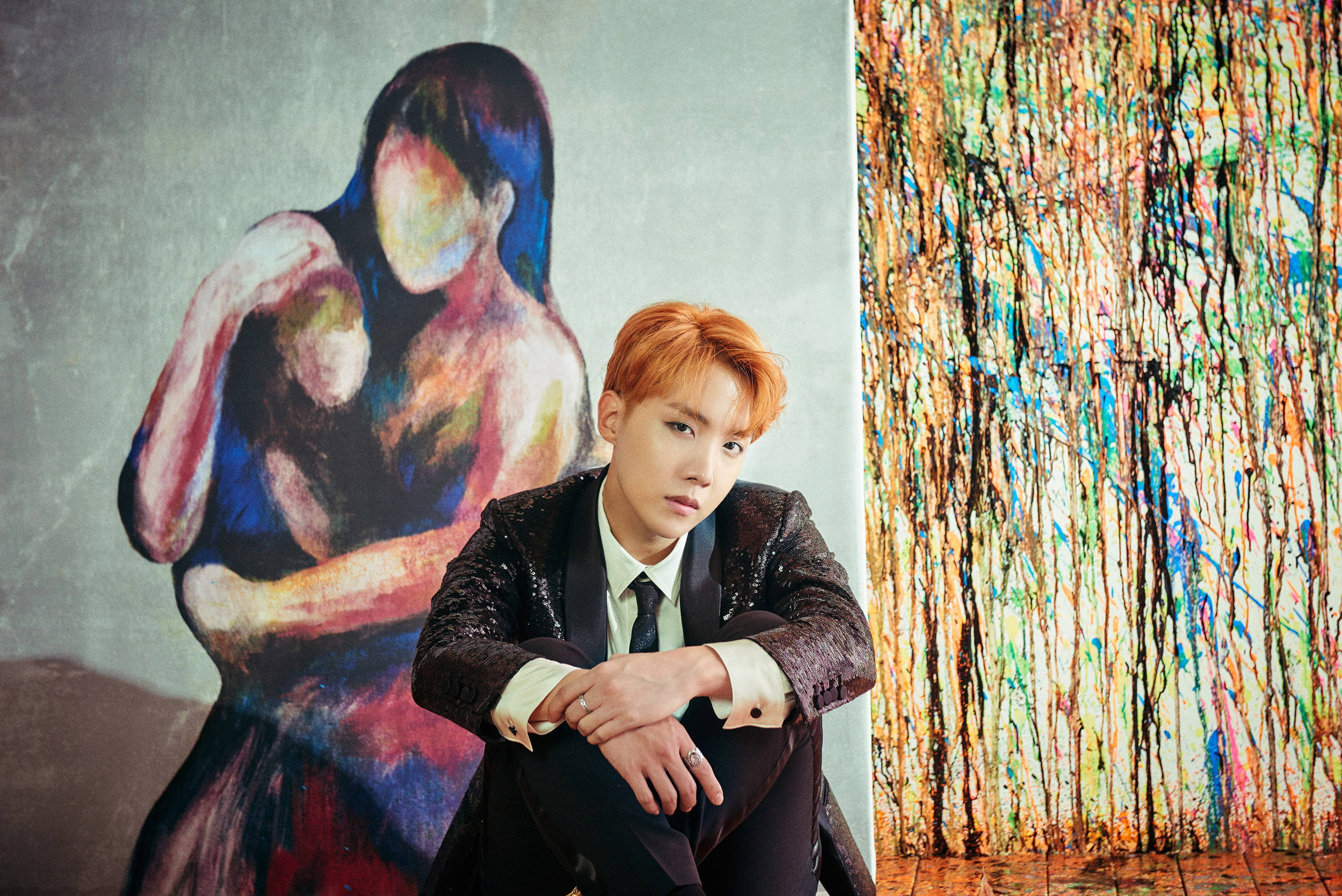 BTS, orange hair, sparkly suit, 2K Desktop Wallpaper
